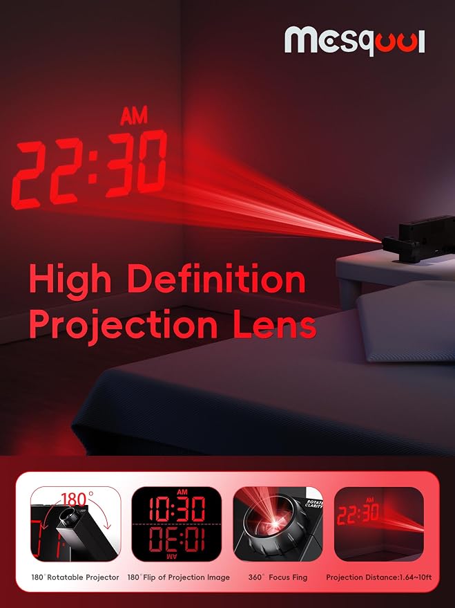Mesqool Projection Alarm Clock with Loud Bed Shaker, Dual Alarms | 5-level Dimmer, USB charger, Snooze & DST, Loud Vibrating Alarm with Battery Backup, Perfect for Heavy Sleepers
