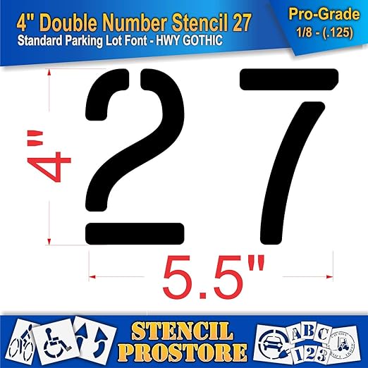 Pavement, Curb, and WheelStop Stencils - 4 inch Double Number Stencil - (27) - 4" x 5.5" x 1/8" (128 mil) - Pro-Grade