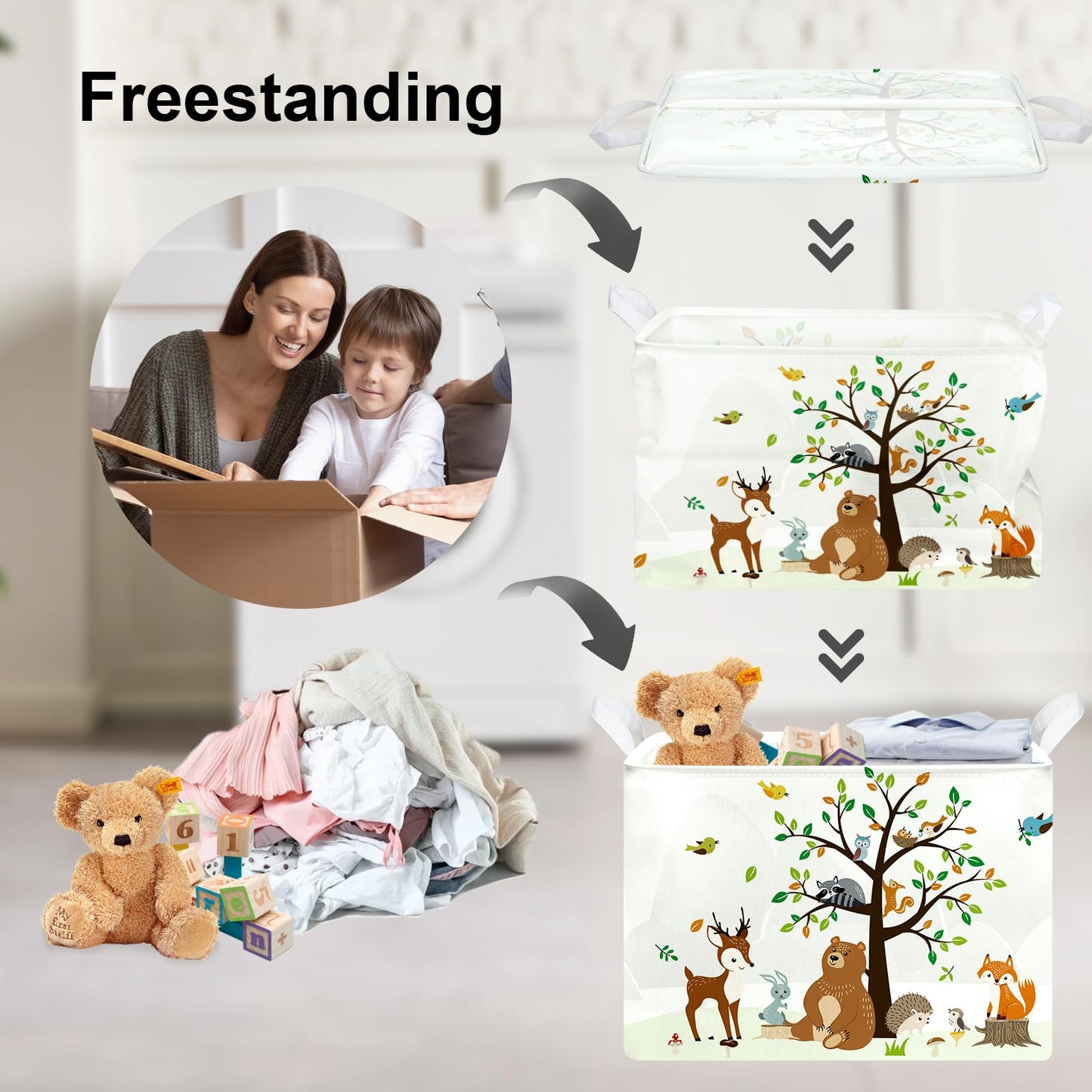 Clastyle Woodland Animals Bear Fox Raccoon Tree Baby Gift Storage Basket Large Deer Owl Collapsible Rectangular Shelf Basket Cute Clothes Towel Toy Book Storage Bin for Nursery
