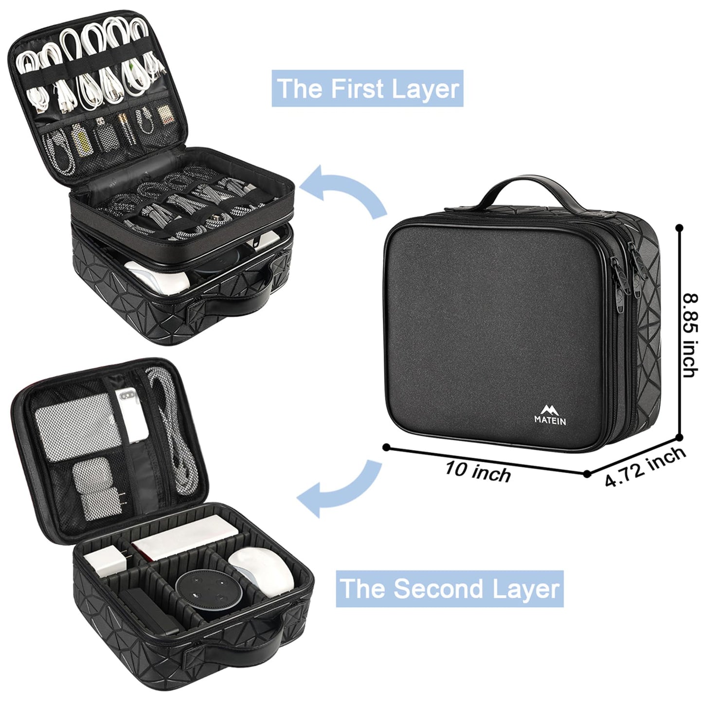 MATEIN Cable Organizer Bag, Waterproof Travel Electronic Storage, Shockproof Portable Double Layer Tech Bags Carrying Case for Cord, Earbuds, Charger, SD Card, DJ Gifts, Black