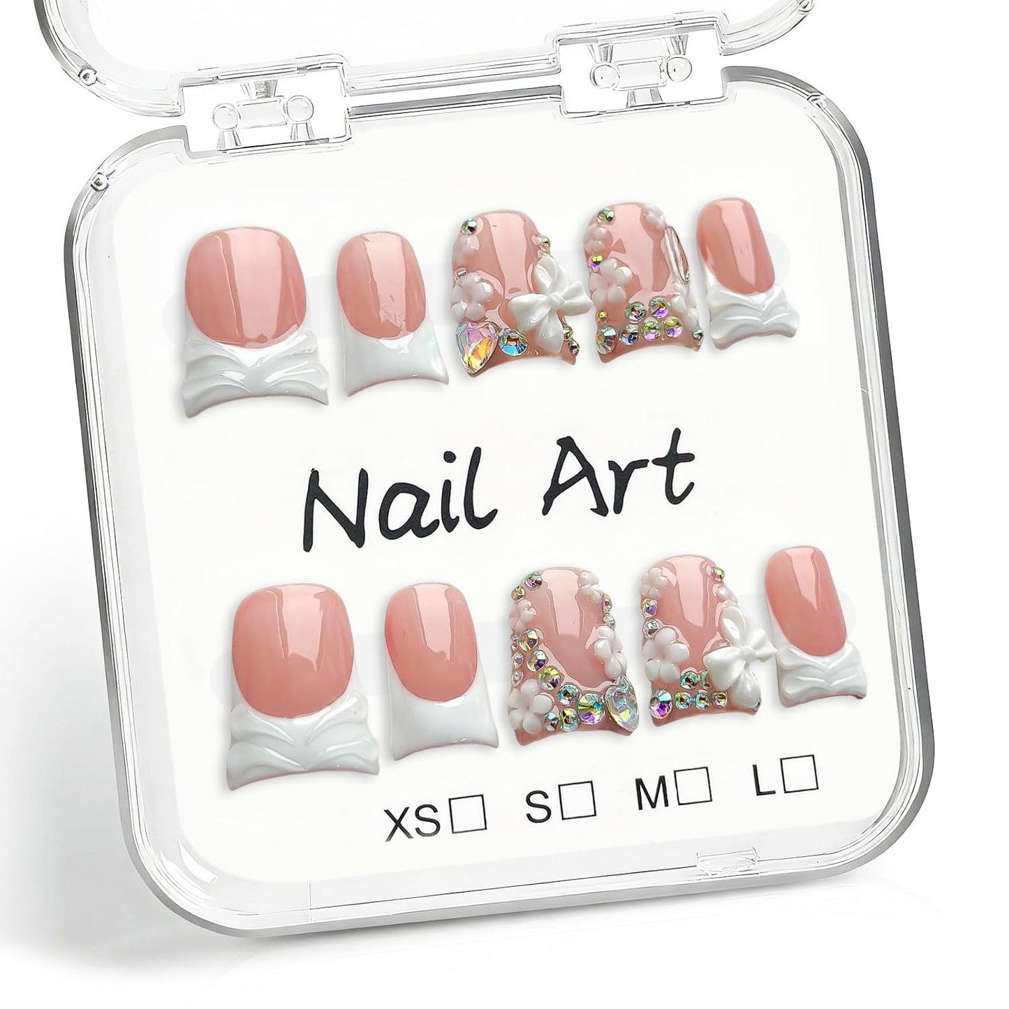 Luxury Press on Nails Short Duck Handmade 3D Bow Fake Nails White French Tip False Nails with Rhinestone Designs Flower Handmade Stick on Nail Thick Acrylic Nail for Women (M)