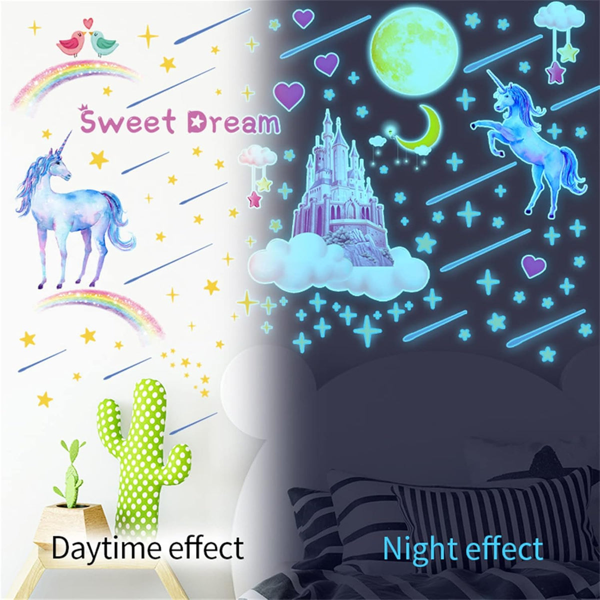 Glow in The Dark Unicorn Castle Wall Decals,Peel and Stick Colorful Unicorn Wall Stickers with Moon Stars Sweet Dream Wall Art for Girls Kids Bedroom Nursery Party Home Decor(Blu-ray)
