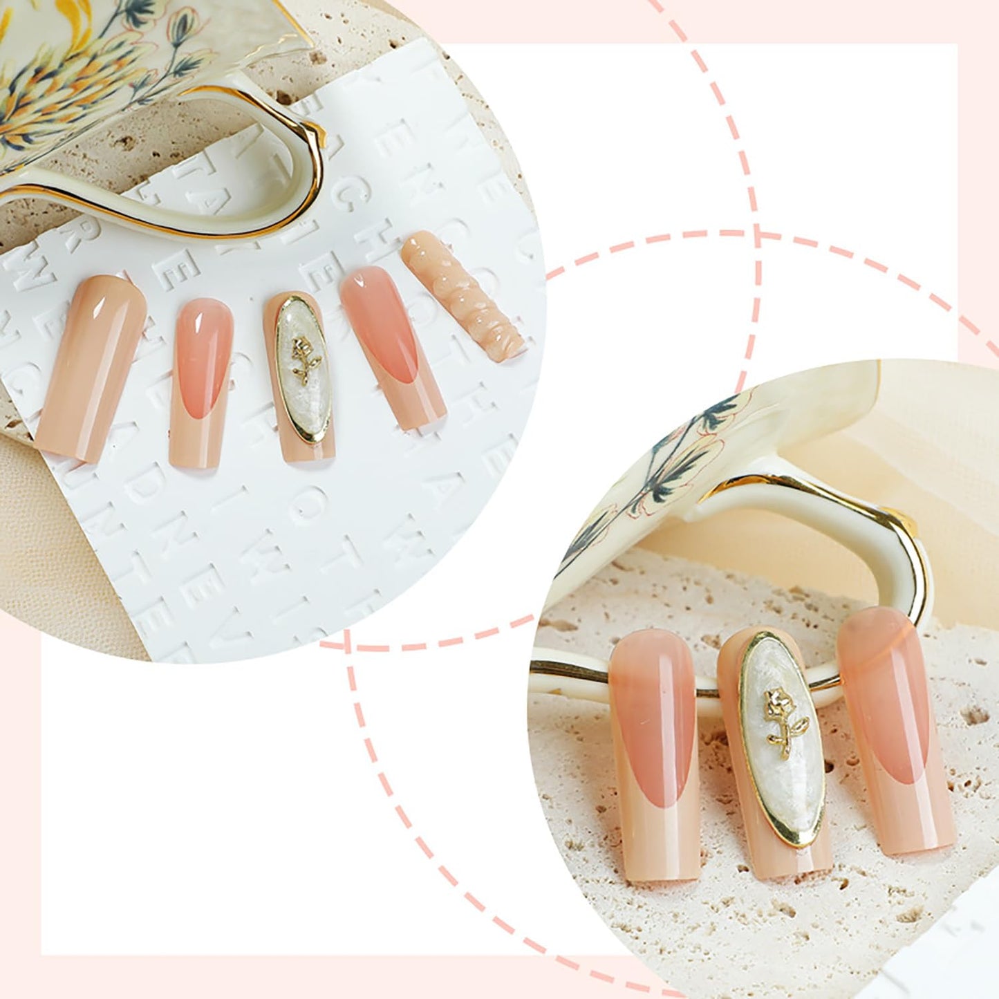 FIEONCIY Press on Nails Long Coffin Shaped Acrylic Glossy Full Cover Long Square French False Nails with Designs Artificial Extra Long Fake Nails with Charms Glue ons Fingernails for Women(XD9020)