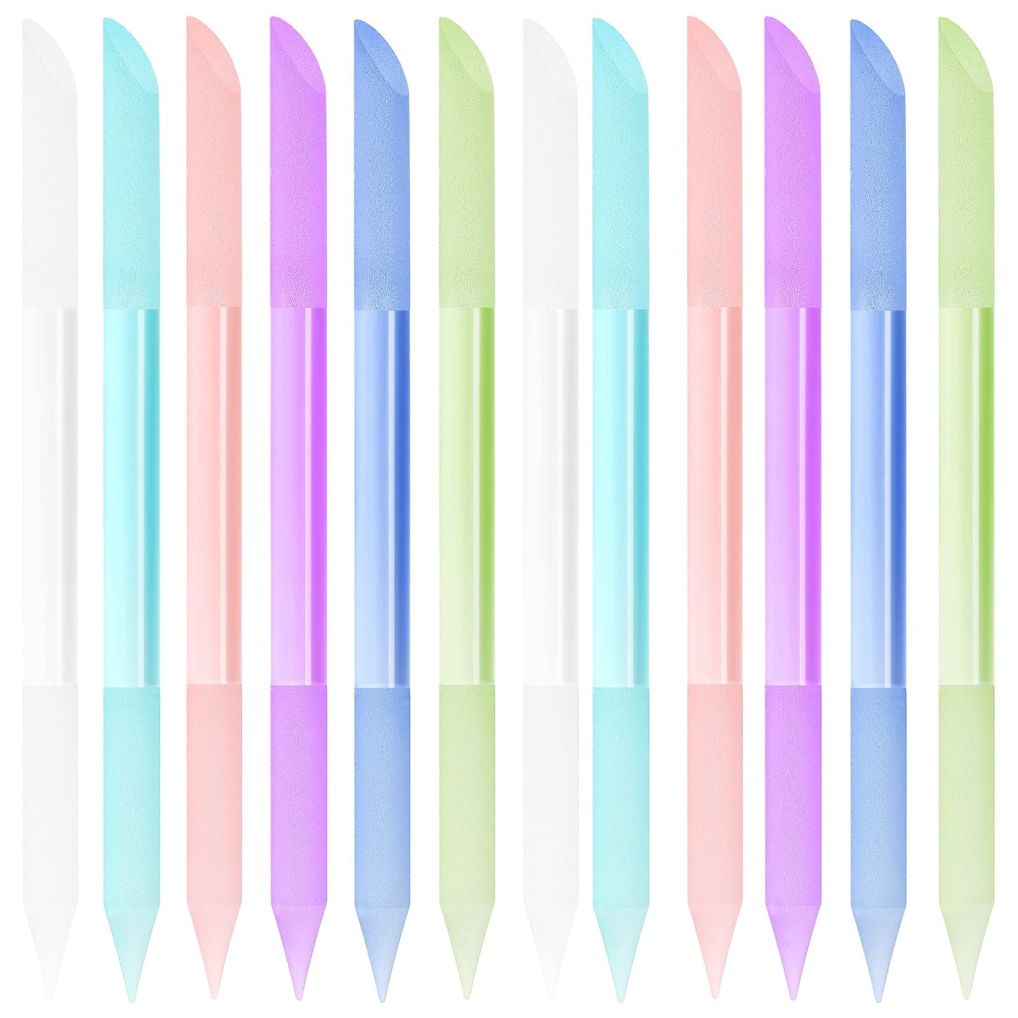 12 Pieces Glass Cuticle Pusher Crystal Double Sided Cuticle Trimmer Manicure File Glass Cuticle Stick Precision Filling Remover Tool Buffer for Women Salon Home Use, 6 Colors