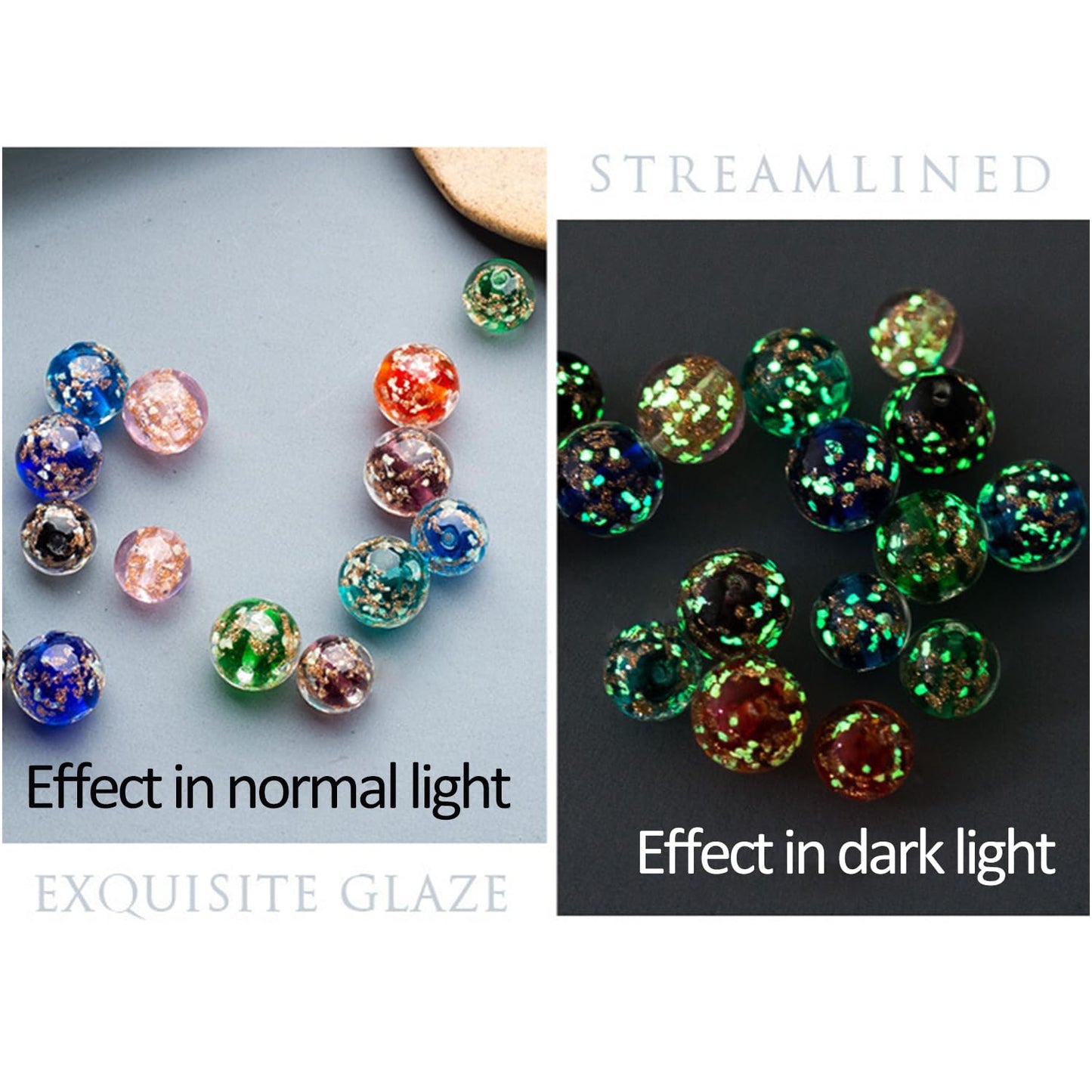8mm 200pcs Glow in the Dark Glass Beads with Holes for Jewelry Making Bracelets Earrings Necklace Bulk Lampwork Solar Unique DIY Crafts Gold Spacer Beads Kit(100pcs Beads+100pcs Spacer)