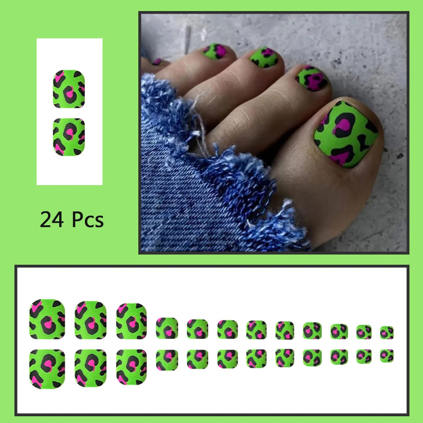 Leopard Print Press on Toenails Green Fake Toe Nails with Spotted Leopard Designs Cute Toe Nails Press ons Square Matte False Toenails Artificial Full Cover Acrylic Toenails for Women 24Pcs