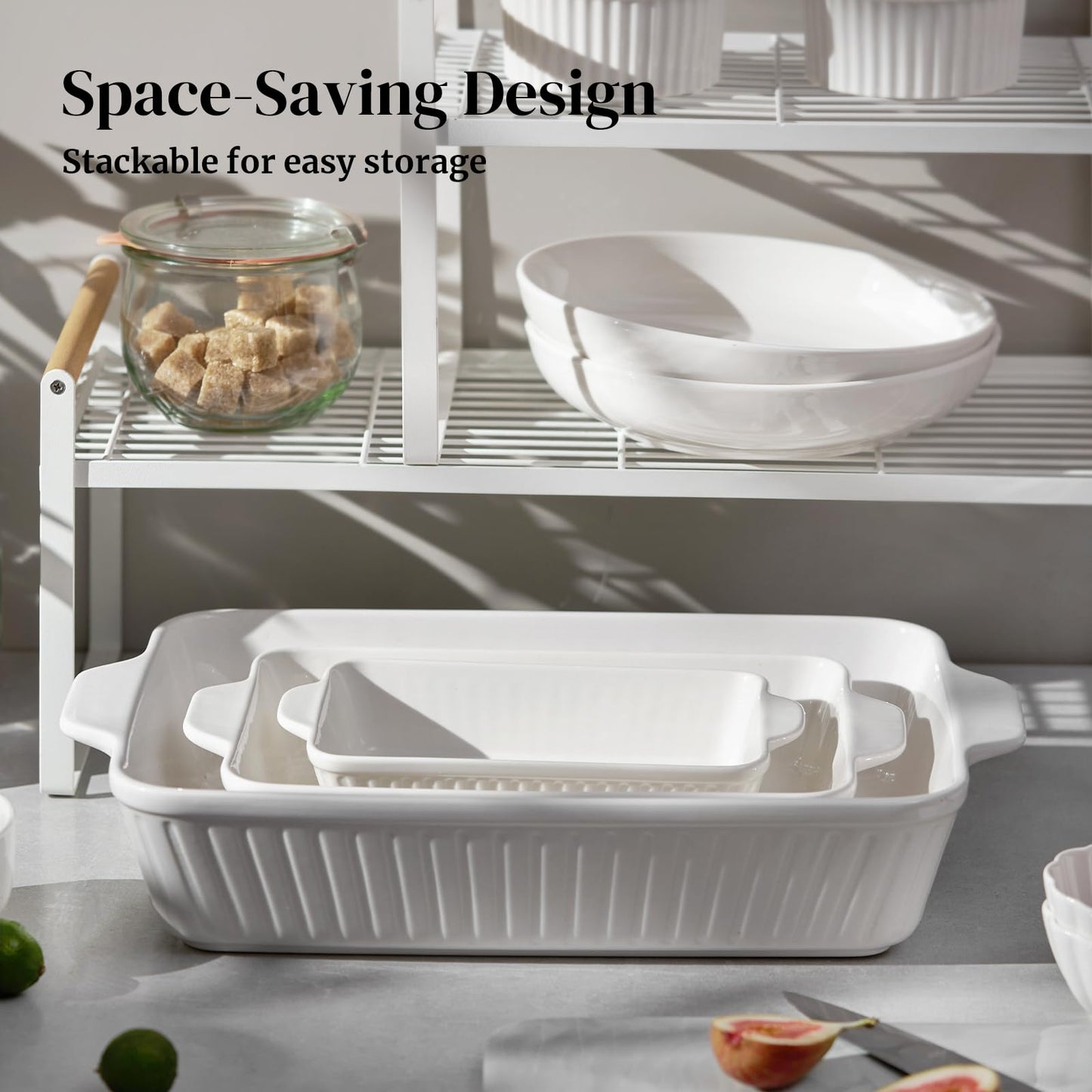 DOWAN Casserole Dishes for Oven, Baking Dishes Set, Ceramic Bakeware Sets of 3, Lasagna Pan Deep, Rectangular Baking Pan Set with Handles for Baking, Casserole, Kitchen, Wedding Gift, Soft White (15.6''/12.2''/8.9'')