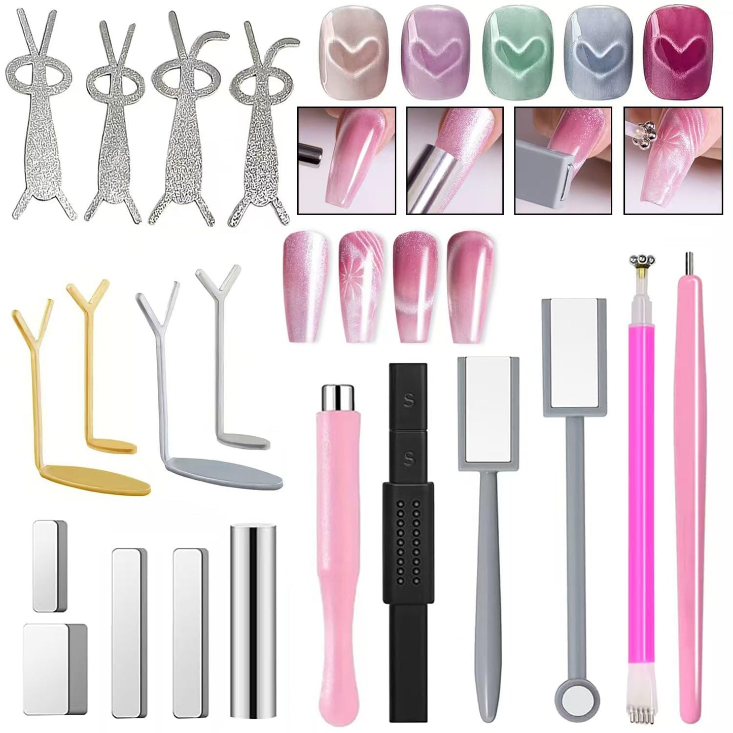 19PCS Cat Eye Nail Magnet Tool Set - Double-Head Magnet Sticks, Heart Shaped Magnets for Cat Eye Gel Nail Polish, Professional Nail Art DIY Accessories for Home Manicure