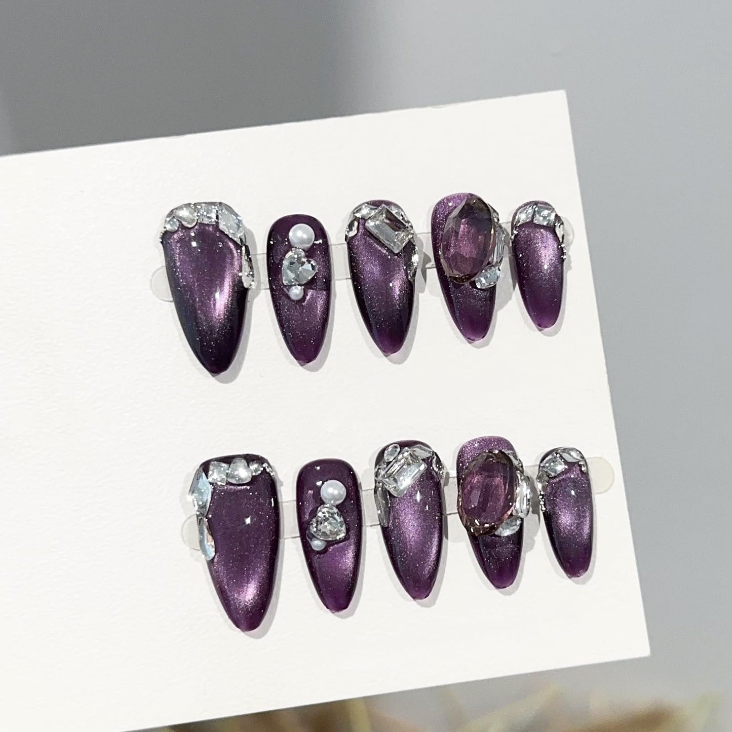 SILPECWEE 10PCS Almond Press on Nails, 10Pcs Handmade Fake Nails Medium Rhinestones Purple Cat Eye Gel Flase Nails Acrylic Press Ons for Women Manicure Supplies