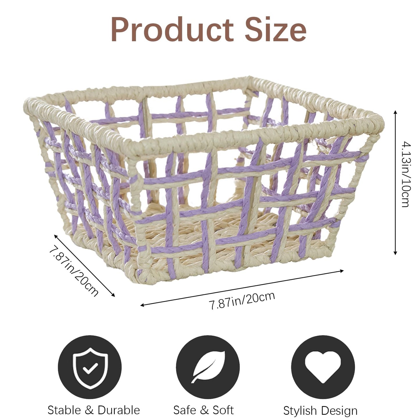 Woven Storage Basket, Rustic Farmhouse Decor, Multi-Purpose Organizer Bin, Countertop & Toilet Tank Basket for Home, Bedroom, Living Room, Entryway (Purple and Beige)
