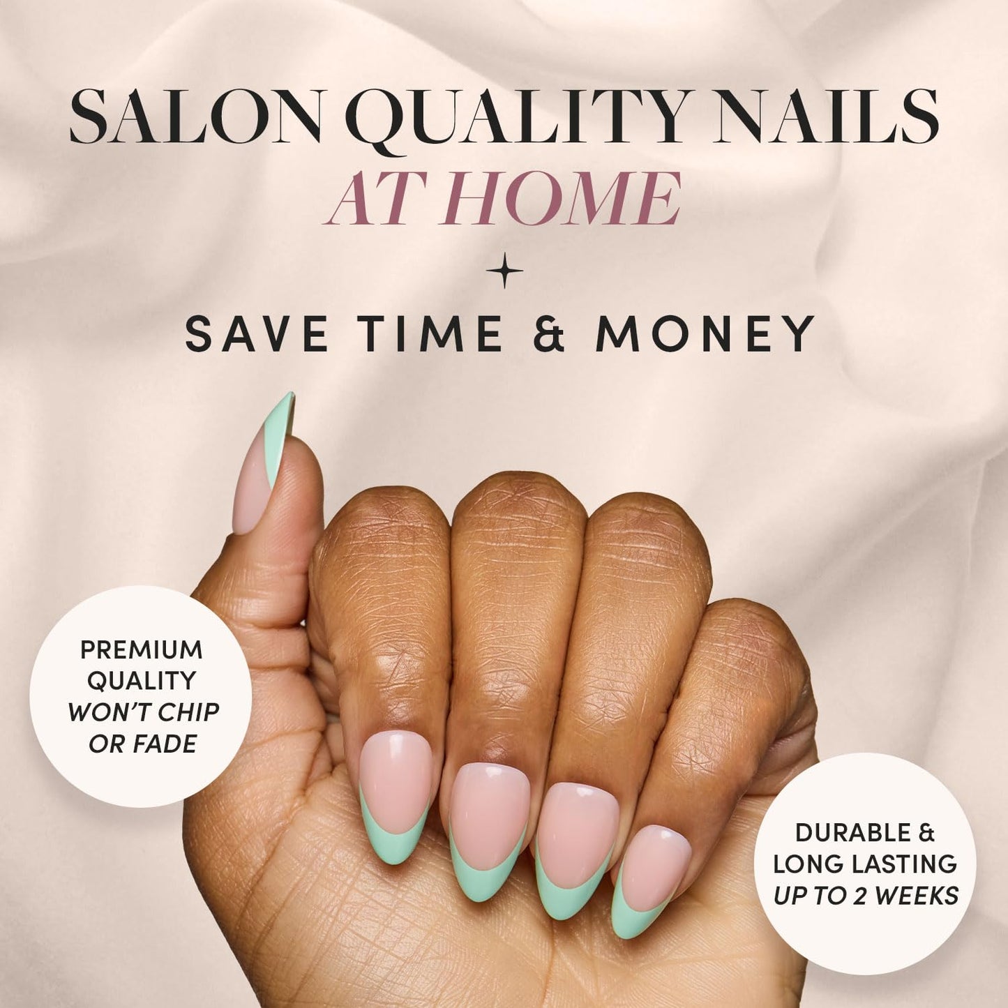 Glamnetic Press-On Nails Bundle - Pistachio Crème & Fairy Dust | Short Almond Mint Blue French Tips with a Glossy Finish | Short Oval Beige-Pink False Nails with a Metallic Finish | Reusable, Salon-Qu