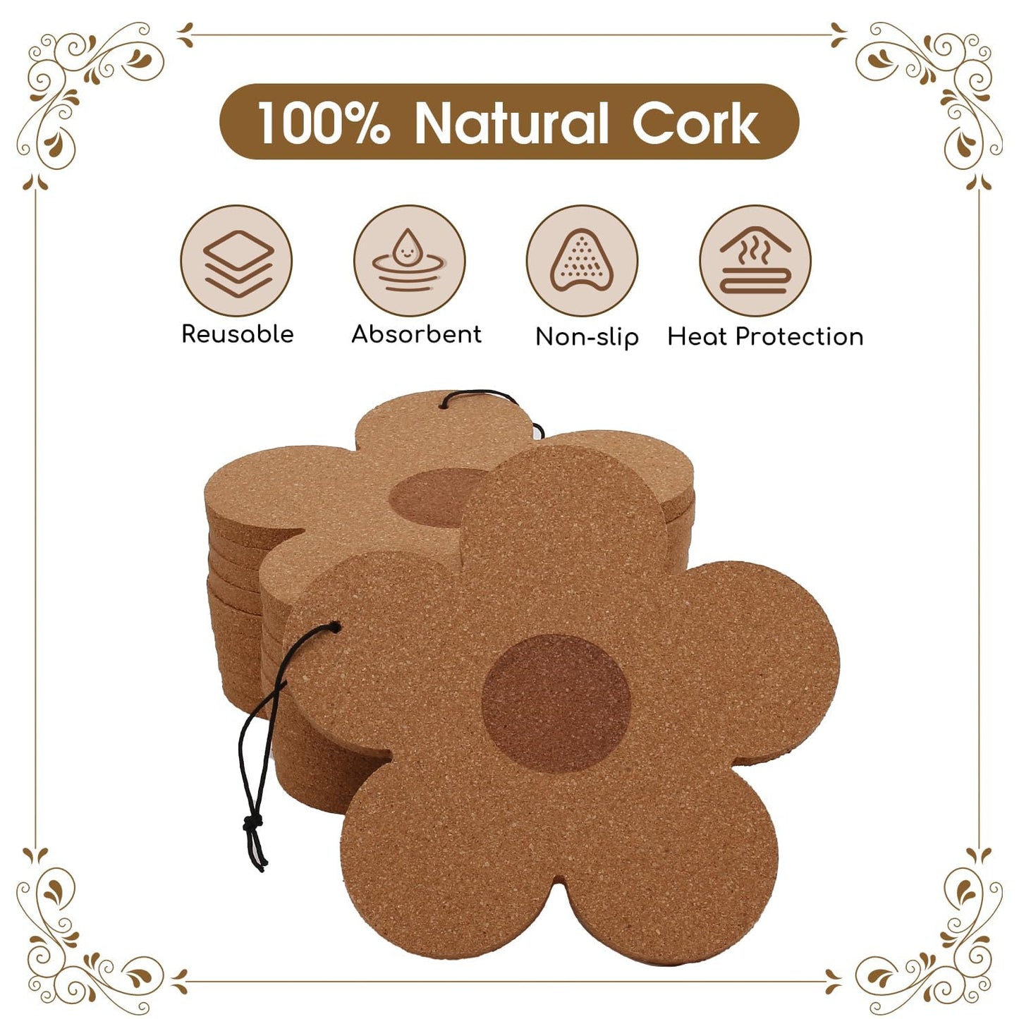 10PCS Large Flower Cork Coasters 190mm×10mm Reusable Absorbent Heat Resistant Cork Mats for Drinks DIY Crafts Table Protection Plants Home Kitchen