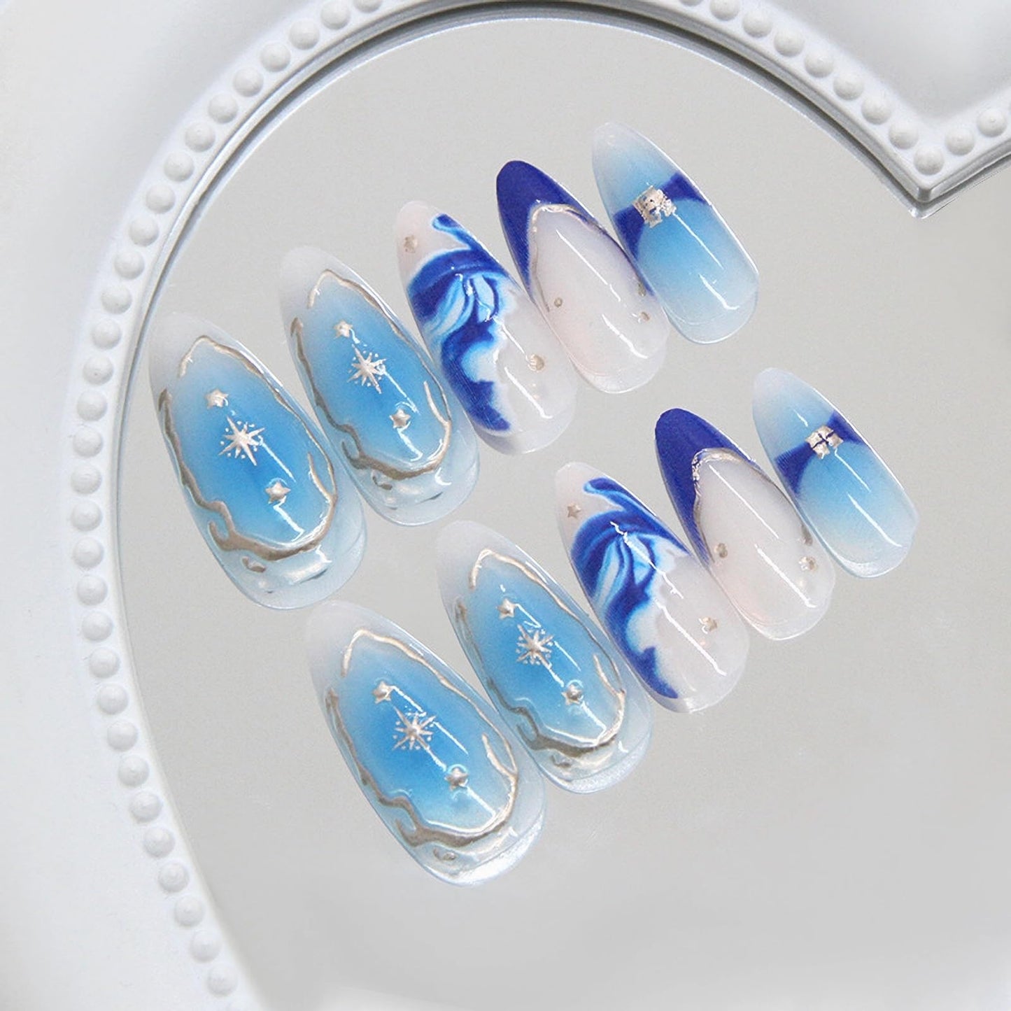 MISUD Press on Nails - Medium Almond Fake Nails with Summer Beach Acrylic Blue Ombre Design 24 pcs