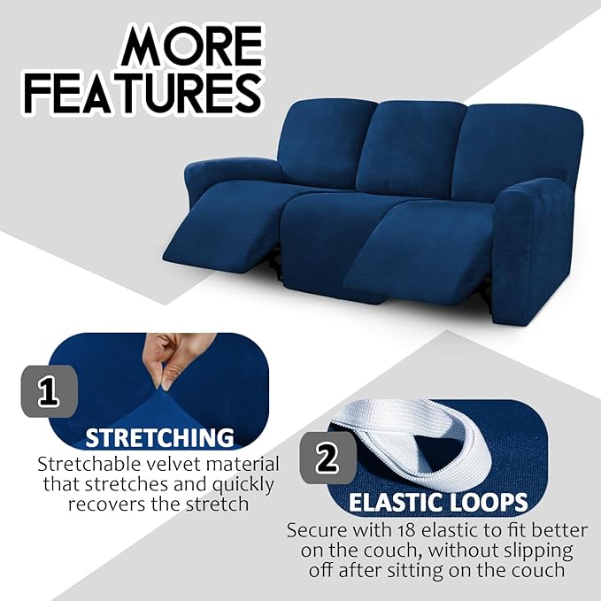 ULTICOR Velvet 8-Pieces Recliner Sofa Covers Stretch Reclining Couch Covers for 3 Cushion Reclining Sofa Slipcovers Furniture Covers Thick Soft Washable (3 Seater Recliner Cover, Navy)