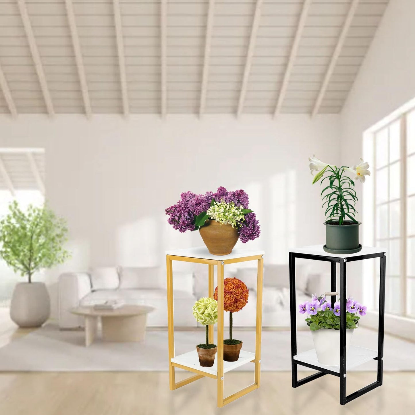 GIFTER Sturdy Iron 2-Tier Multifunctional Flower Stand Easy Assembly Pot Shelf for Balcony Garden Entryway