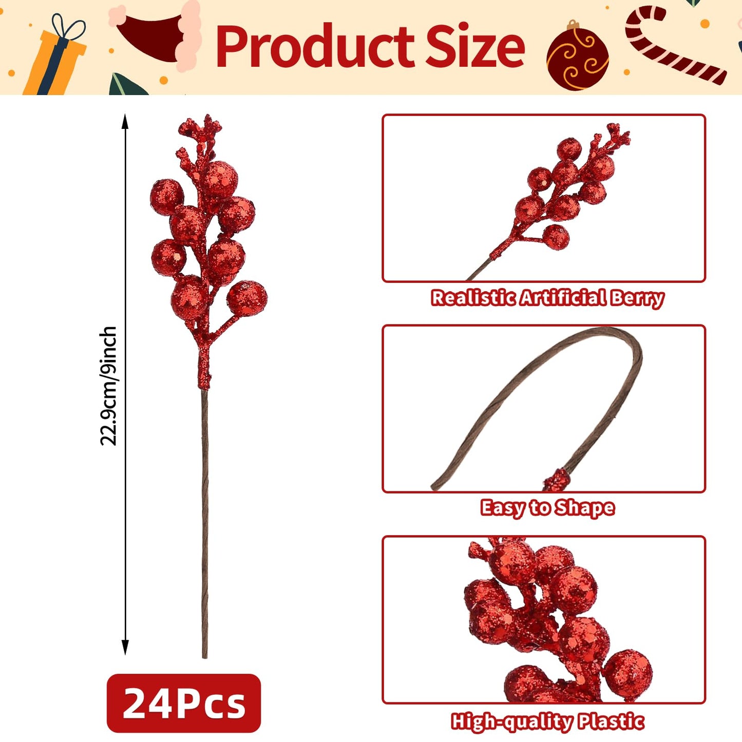 24 Pack 9 Inches Glitter Artificial Berry Stems, 15 Berries per Stem, Christmas Tree Picks Ornaments, DIY Xmas Wreath, Floral Arrangements Home Décor, Winter Wonderland Decoration (24, Red, 9 Inch)