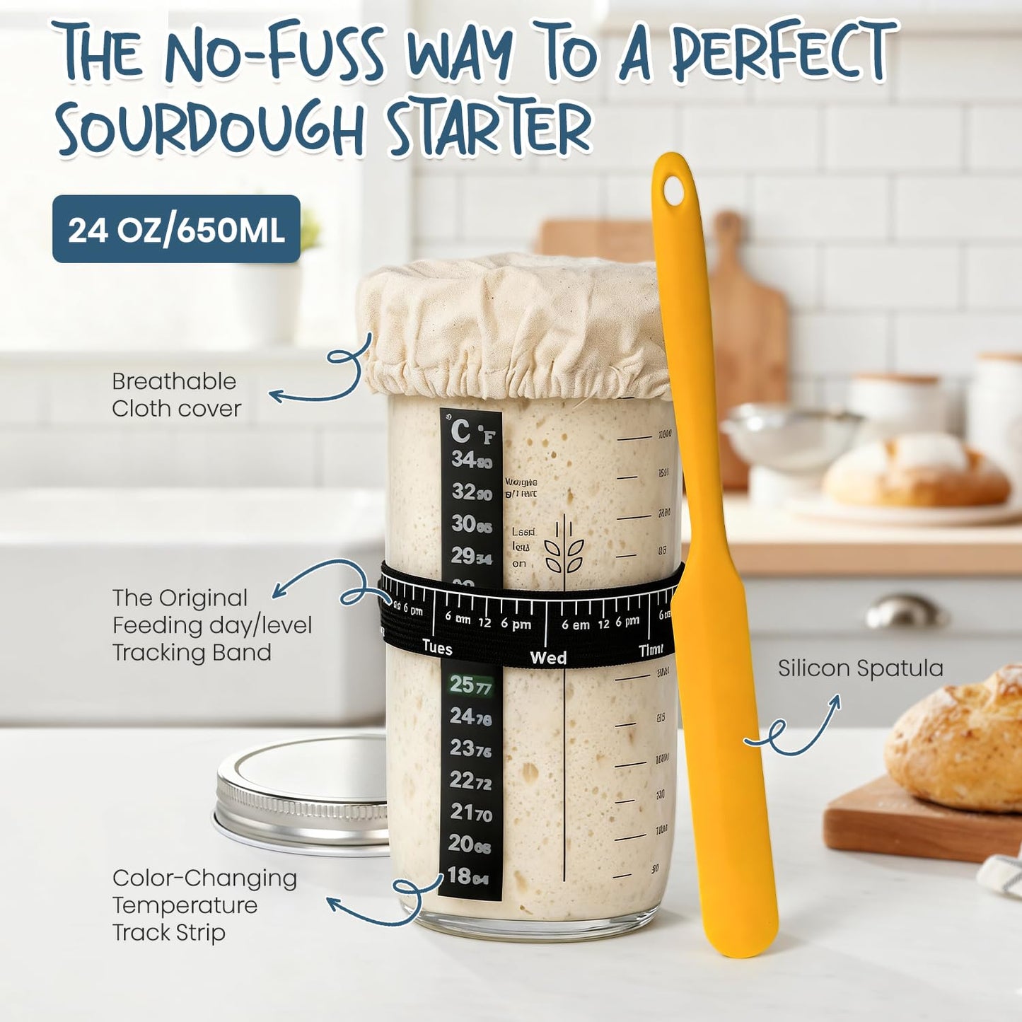 Sourdough Starter Kit, Banneton Bread Proofing Basket Set with 24oz Starter Jar, Sourdough Bread Baking Supplies with 9'' Round Banneton Baskets, Bread Making Baking Tools Gifts for Bakers