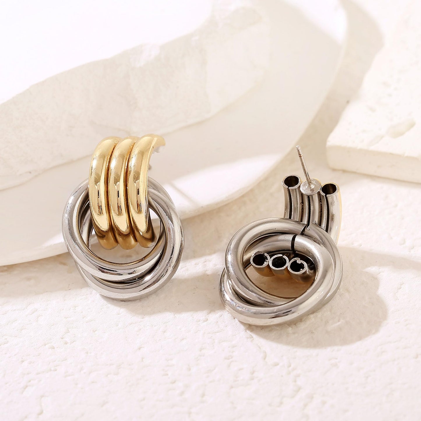Gold Silver Earrings for Women, Mixed Metal Knot Earring, Two Tone Drop Dangle Earring, Chunky Gold Knotted Link Earring Jewelry