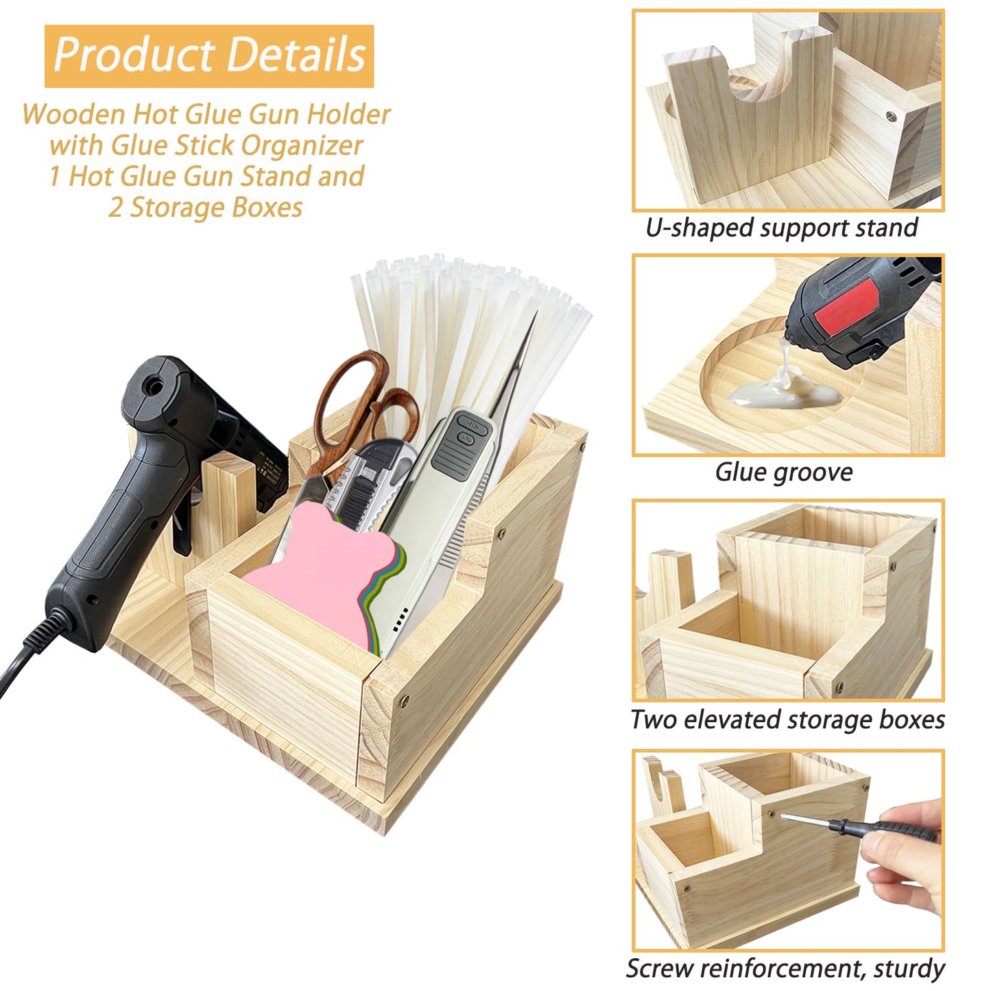 Kyuwdone Wooden Mini Hot Glue Gun Holder with Glue Stick Organizer, Hot Melt Gun Kit Storage Compartments, for DIY, Crafts, Home School Project KW009-Plus