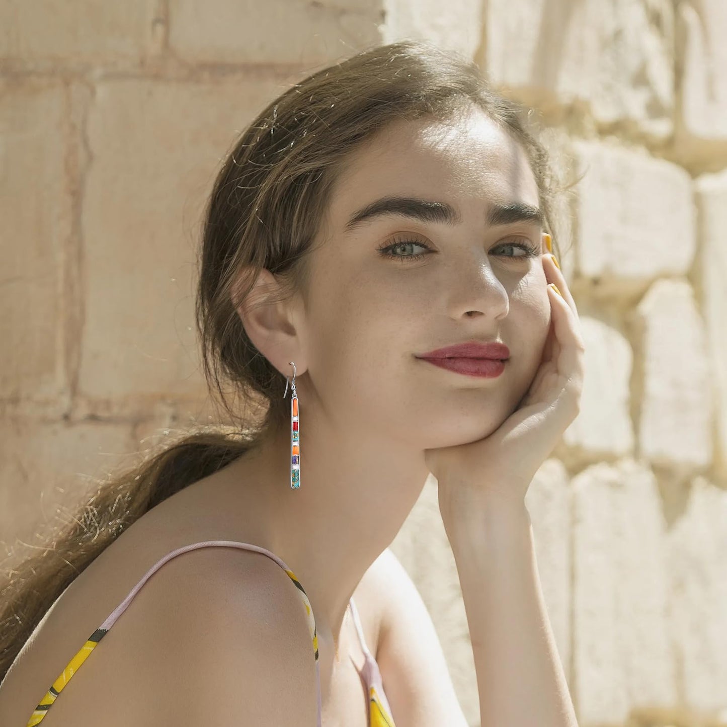 Phyonio Turquoise Earrings for Women 925 Sterling Silver Multicolor Gemstones Dangle Earrings Bohemian Style Statement Bar Earrings Dangle Earrings for Women Summer Earrings Valentines Gifts