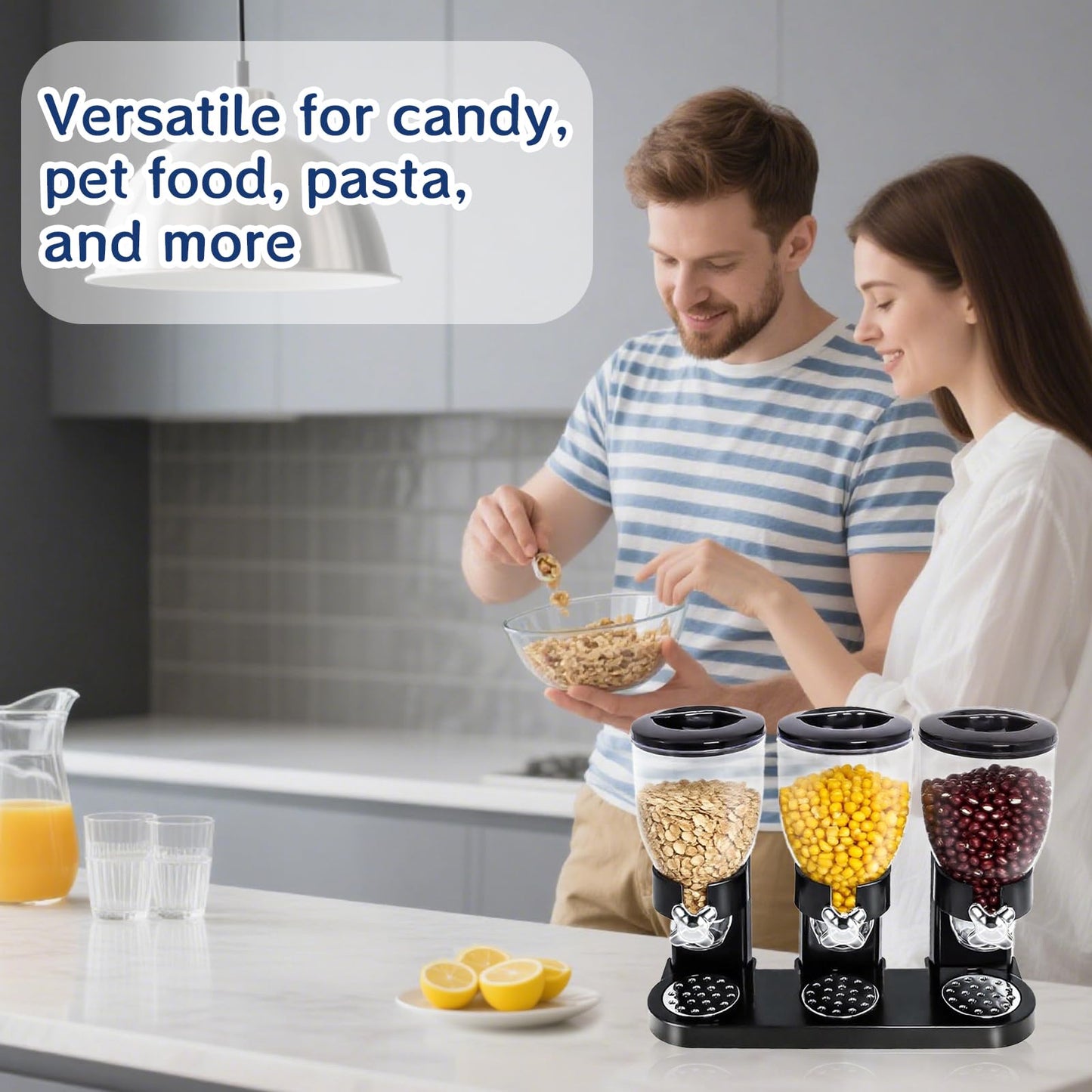 ENIPEDITA 1 Pcs Triple Indispensable Dry Food Dispenser with Cup Black Cereal Storage Container 67oz Each Capacity for Kitchen Rice Nuts Cereal Snack Gumball Candy Dog Food