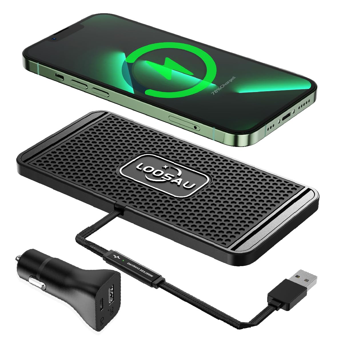 LOOSAU Wireless car Charger Charging pad 15w Non Slip FastCharger for car Wireless Phone Charger for Android for iPhone 11/12/13/14/15/16 /17 Pro Max Xs,Samsung Galaxy S20, S10+ Note 9，LG