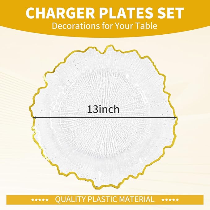 50 Pcs Clear Charger Plates Bulk 13 Inch Plastic Charger Plates for Dinner Plate, Clear with Gold Rim Chargers for Table Setting, Reef Design Plate Floral Decor Round Chargers for Wedding Party Event