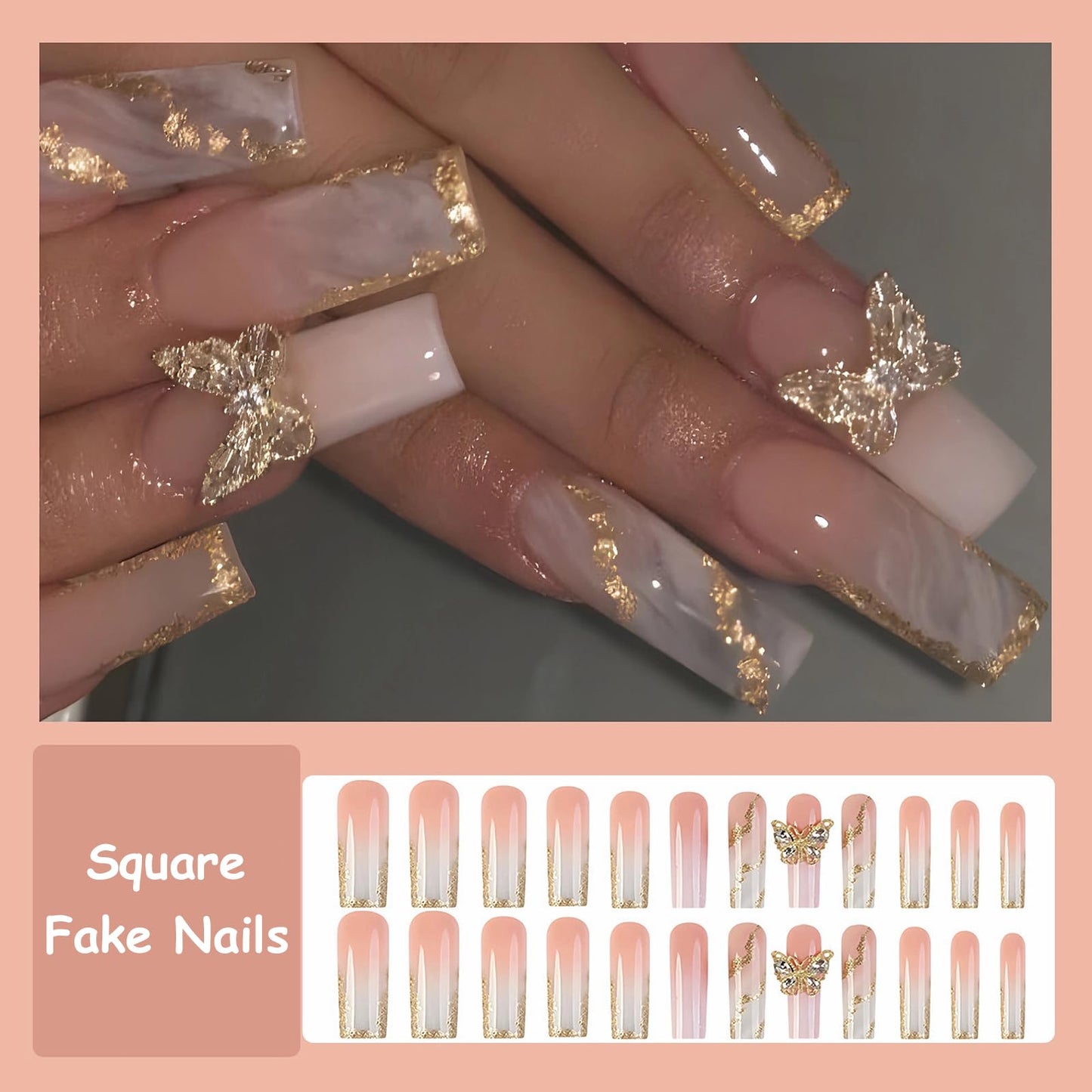 MISUD Press on Nails - Long Square Glue on Nails with Ombre, Acrylic Gold Butterfly Design 24 pcs