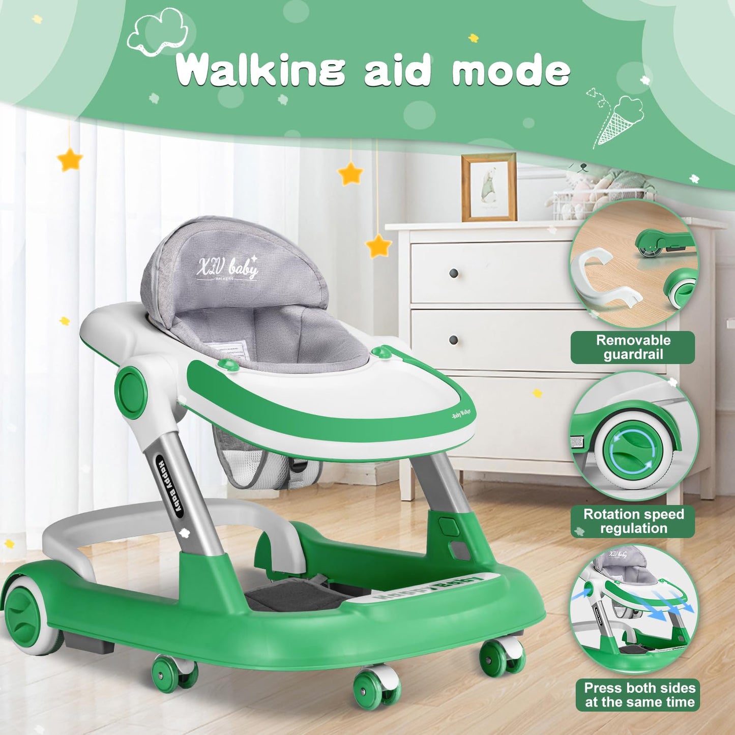 Baby Walker with Wheels 5 in 1 Foldable Activity Center with Mute Wheels Adjustable Heights Anti-Fall Push Walkers for Boys Girls Safe Infant Toddler Walker with Footrest for 6-24 Months