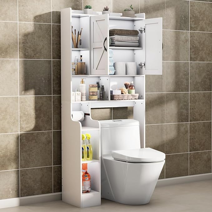 Over The Toilet Storage Cabinet with Barn Doors, Rustic Bathroom Organizer, Space-Saving Shelf for Laundry, White