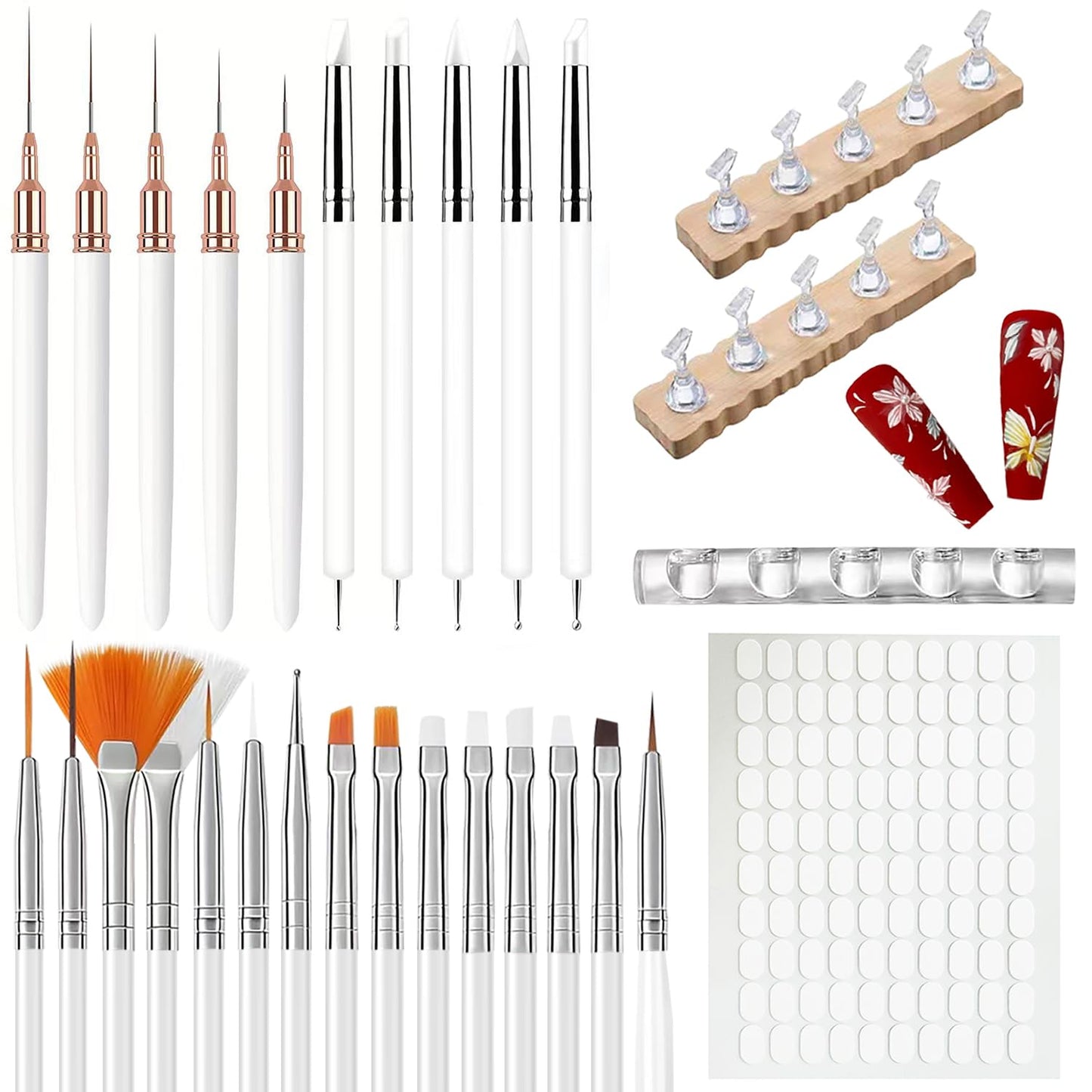 39Pcs Nail Art Brush & Practice Tool Kit, White Nail Art Brushes with Nail Practice Stands & Brush Holder, Professional Manicure Accessories for Nail Art Painting, Sculpting & DIY Manicure