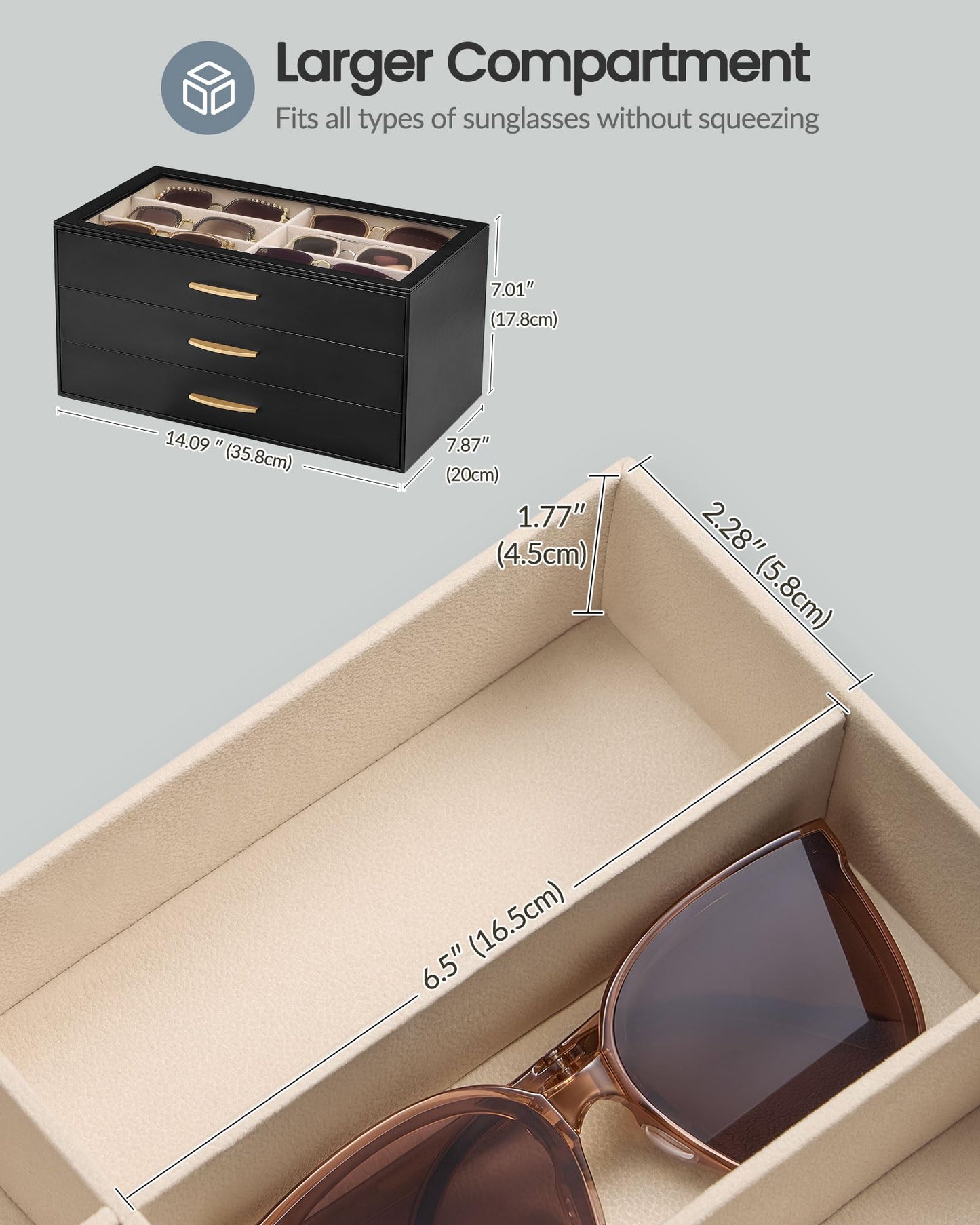 Lolalet 18 Slots Women’s Sunglasses Organizer with Enlarged Compartment, 3-Layer Eyewear Storage Box with Drawer, Glasses Case Display Holder with Clear Top Lid for Eyeglass Collection -Black