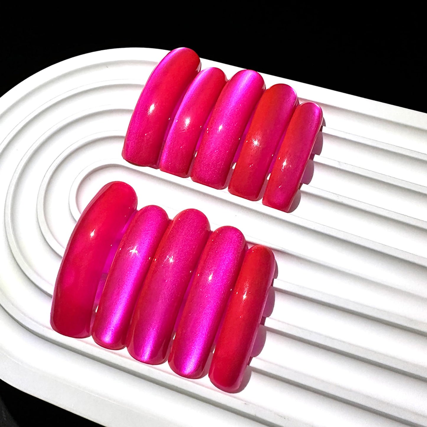 Handmade Hot Pink Press On Nails Long Curved Fake Nails with Cat's Eye Designs XL False Nails Press Ons Reusable Acrylic Nail Tips Full Cover Stick on Nail for Women Manicure 10Pcs(Size M)