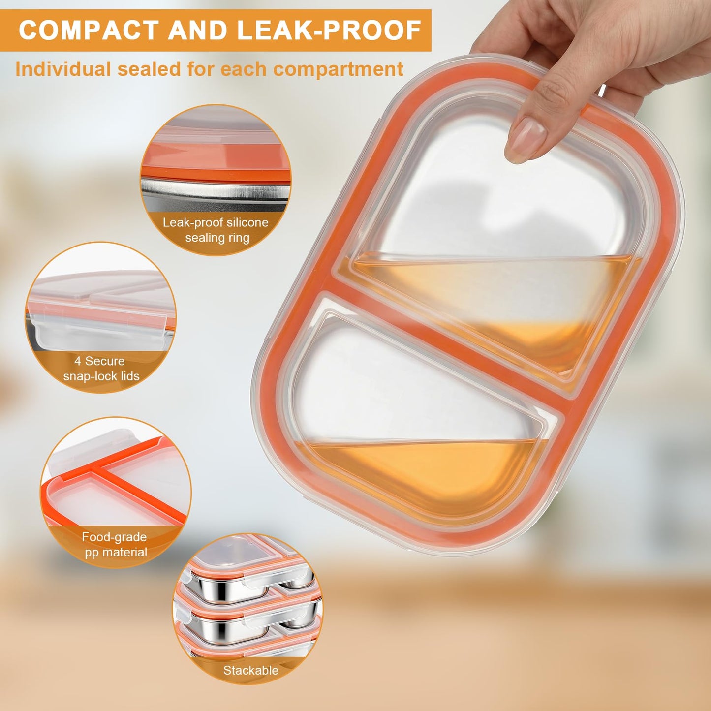 XIANKE 3Pack Stainless Steel Lunch Box, 27oz/800ml Snack Containers with Lids, Stainless Steel Food Storage Container with Lockable Clip, Leak-proof, Dishwasher-Safe Snack Box for Travel, Work
