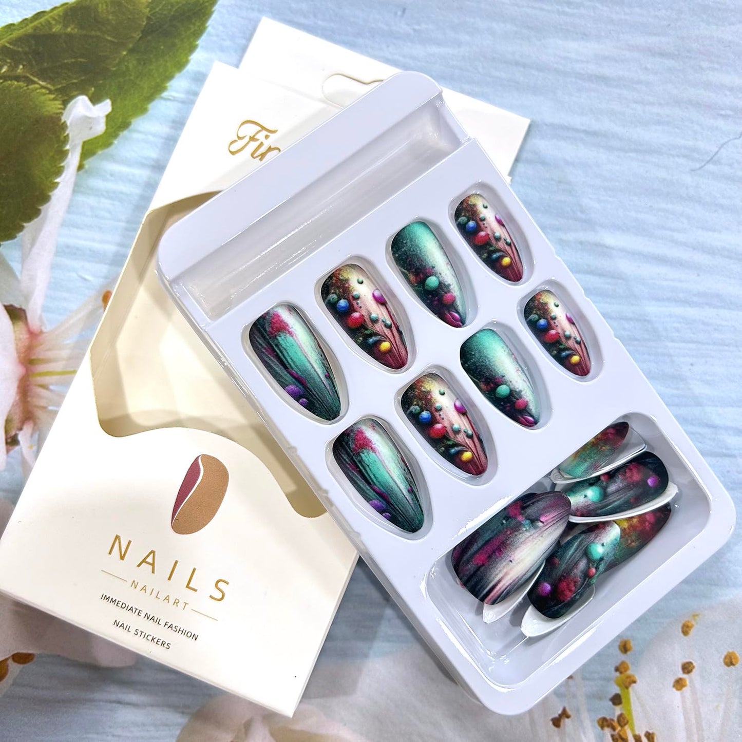 CJDLTSPress on Nails Medium Almond Shaped Colorful Balls Pattern Design Gradient Smudge False Nail Full Cover Almond Stick on Nails Press Ons with Arificial Acrylic Glue on Nails for Women 24Pcs
