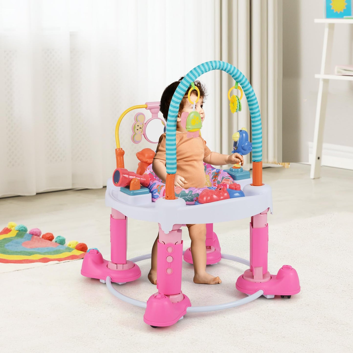 INFANS Baby Bouncer Activity Center, 5 in 1 Toddler Bouncing Activity Saucer Playtime Mat Activity Table with 360°Rotating Seat, 3 Adjustable Height, Foldable Exersaucer Learning Walker (Pink)