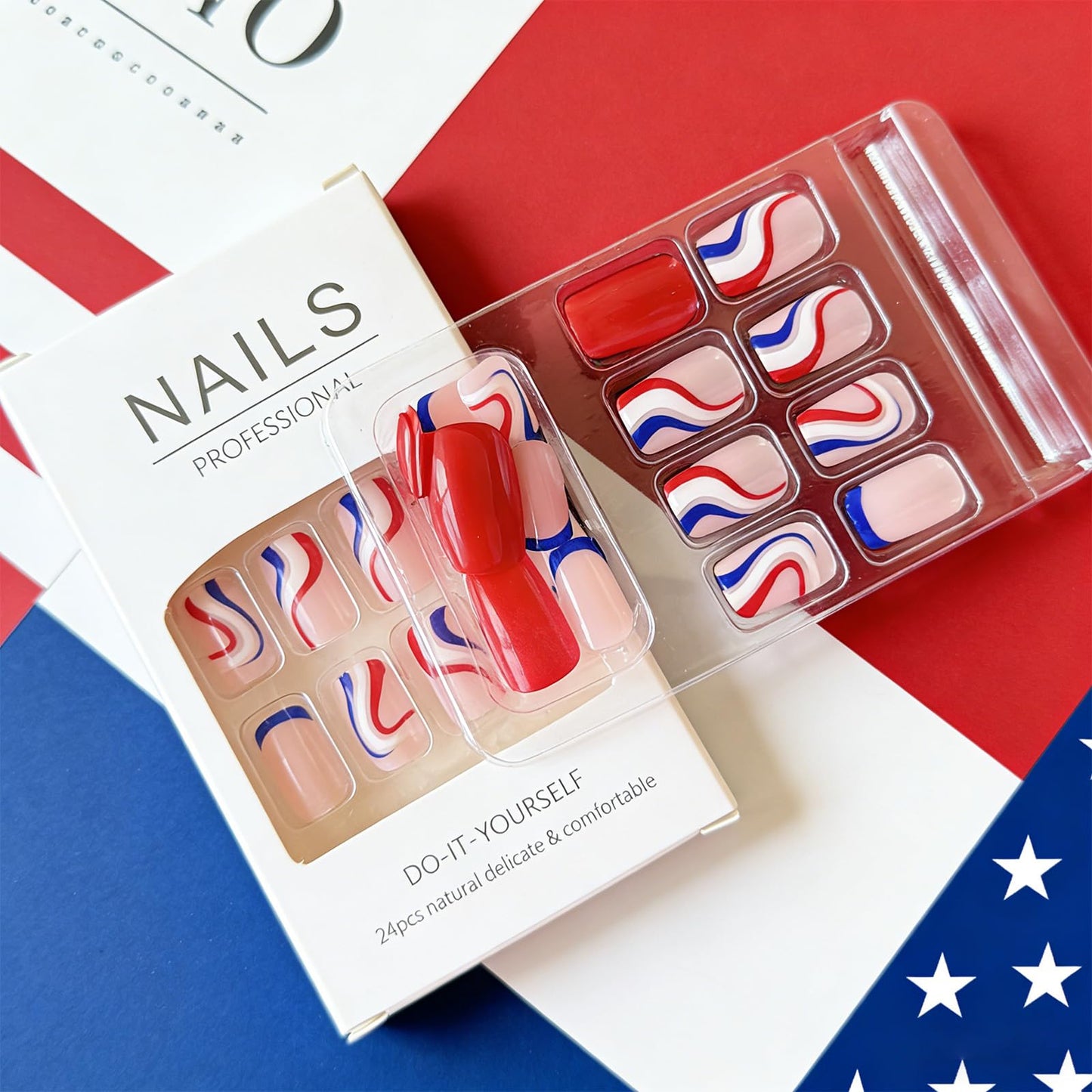 4th of July Independence Day Press on Nails Medium Square Fake Nails with Red Blue White Curved Stripes Design Patriotic False Nails Full Cover Glossy Stick on Nail for Women Manicure 24Pcs