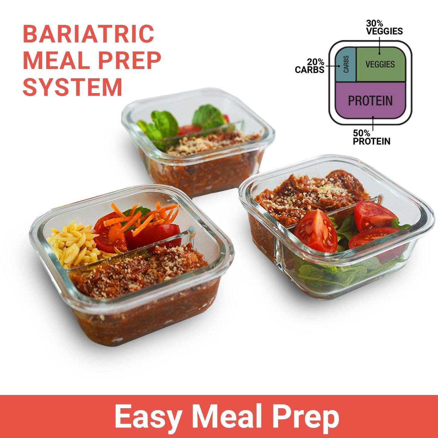 BariBowl Portion Control Containers for Bariatric Meals – 8 oz Glass Meal Prep Containers with Two 4 oz Compartments and Lids (3 Pack), Reusable Bento Lunch Boxes