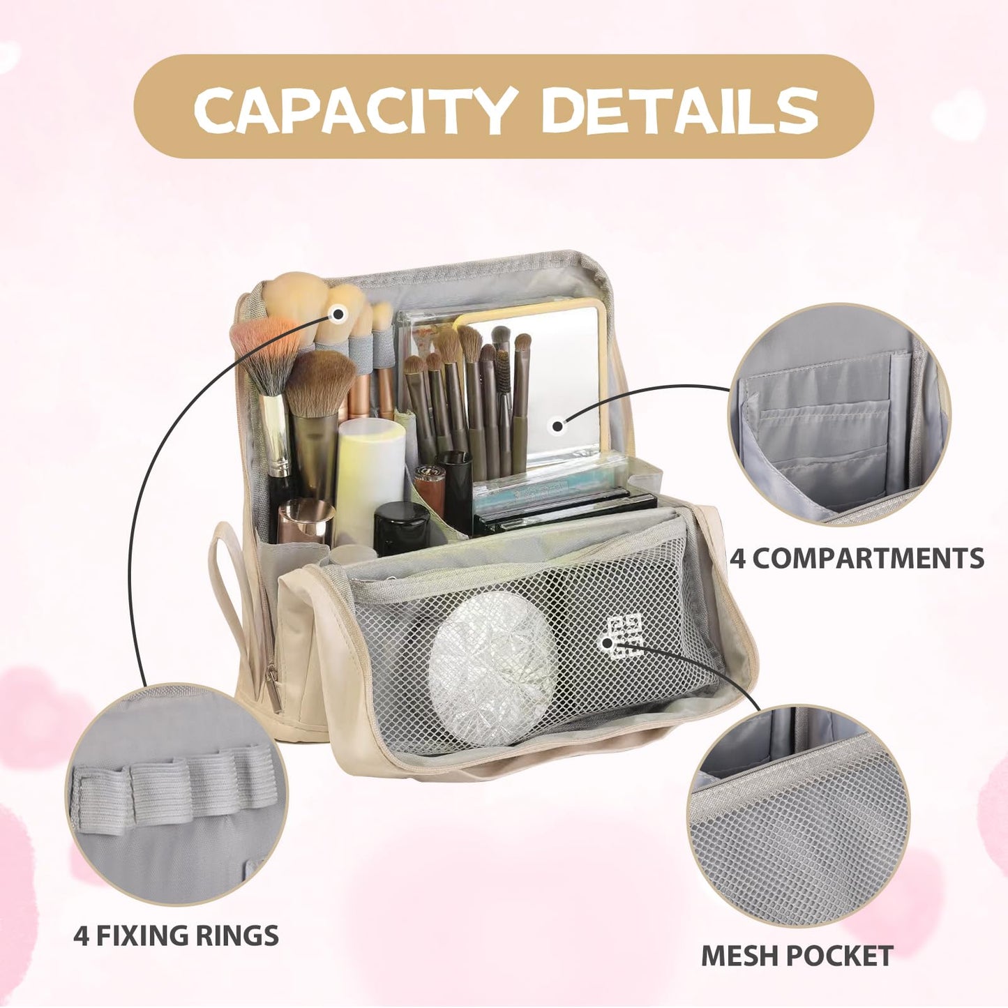 ONRSV Large Capacity Standing Makeup Bag for Travel, Foldable Hanging Toiletry Organizer with 3 Storage Layers & 8 Inner Pockets, Portable Cosmetic Case for Women (Beige)