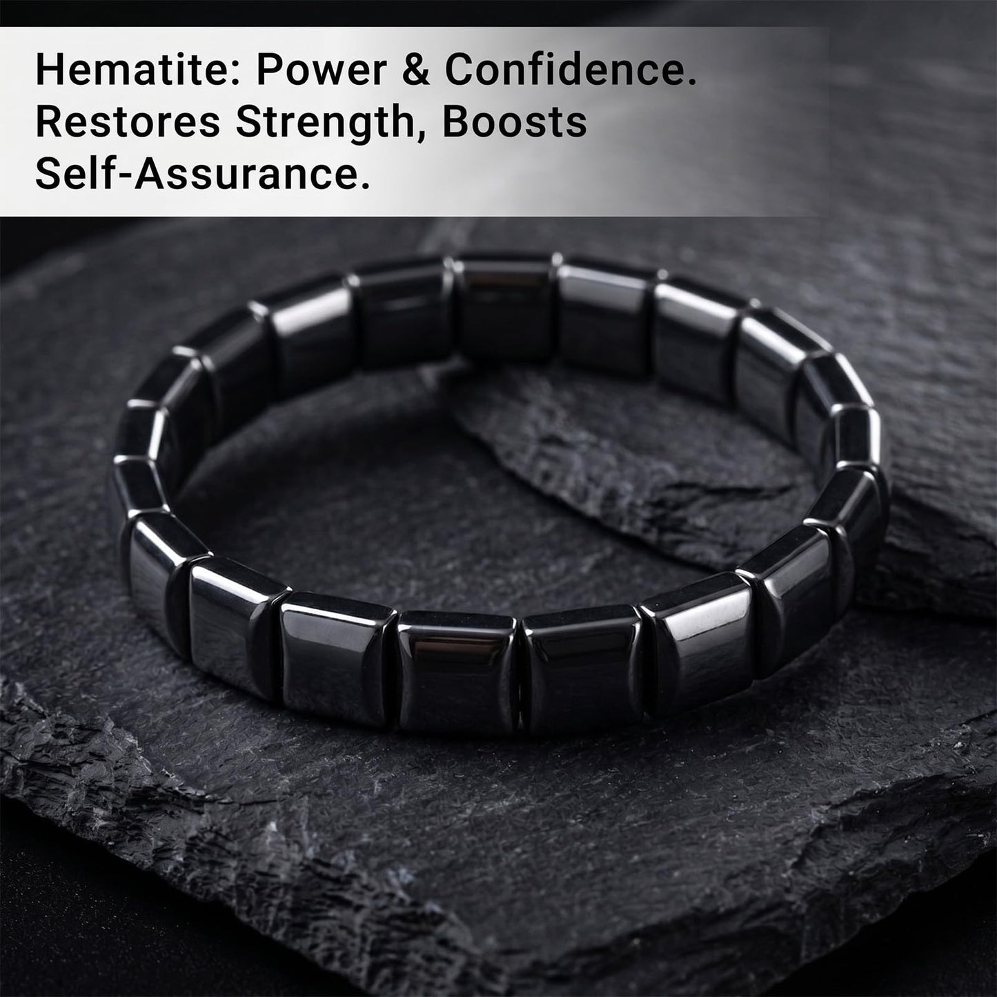 Jingming keji Mens Real Hematite Bracelet 7.8 inch - Natural Stone Square Beaded Black Jewelry with Strong Double Elastic Cord Wellness Power Bracelet with Gift Box