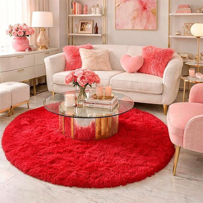 Red Circle Round Rug 7Ft for Living Room Bedroom, Large Fluffy Shag Area Rugs for Kids Room Decor Aesthetic, Fuzzy Plush Fur Carpets for Nursery Classroom, Red Carpet, Indoor Furry Rugs for Teen Boys