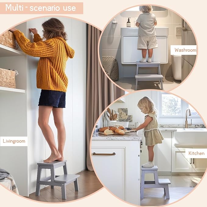 Adult & Child Wooden Two Step Stool ，Stepping Stool，Kids Step Stool Kitchen Step Stools for Bathroom– Perfect for Kitchen, Bathroom, Bedrooms & More (Grey)