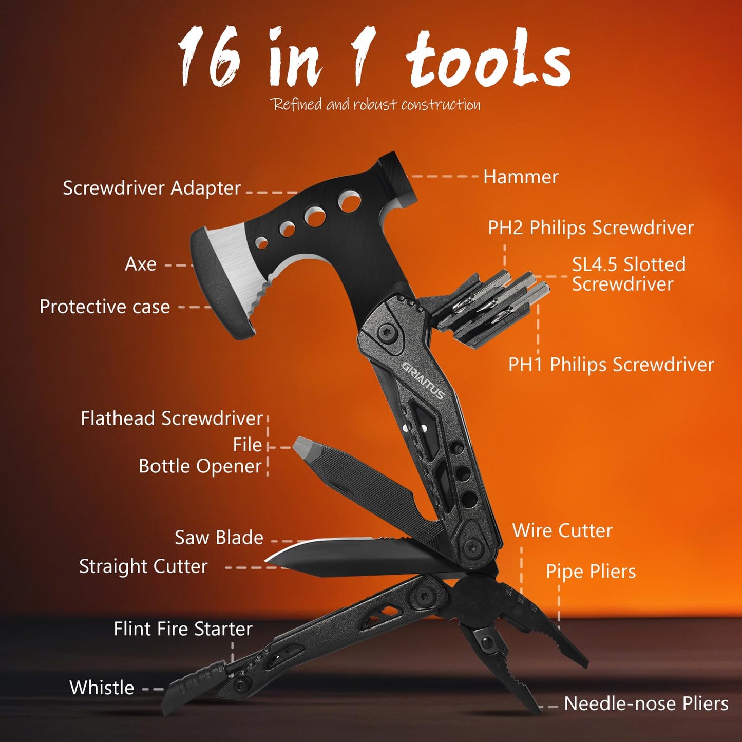 Camping Essentials Multitool Camping Accessories Gifts for Men 16 in 1 Multi Tool Survival Gear with Axe Hammer Pliers Saw Screwdrivers Bottle Opener Whistle for Camping Hiking, Gifts for Dad Him