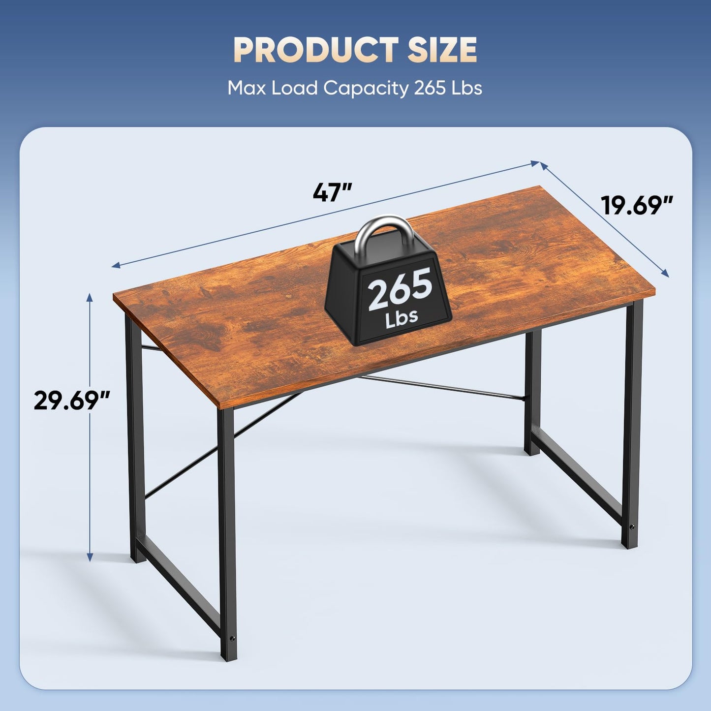 DUMOS 47 Inch Computer Desk for Home Office, Modern Writing Study Table Simple Modern Style for Bedroom Small Space, Large Work Desks with X-Shaped Reinforcement, Wood Brown