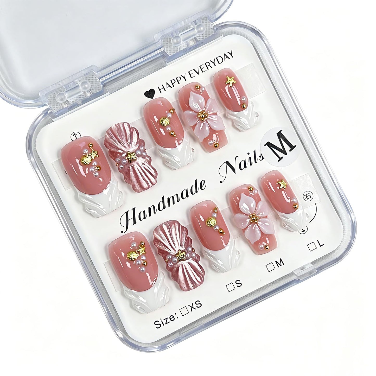 Luxury Handmade Press On Nails Medium Square 3D Flower Shell Pearl White French Tip Nude Pink Nails for Women Wedding & Party 10Pcs (Size M)
