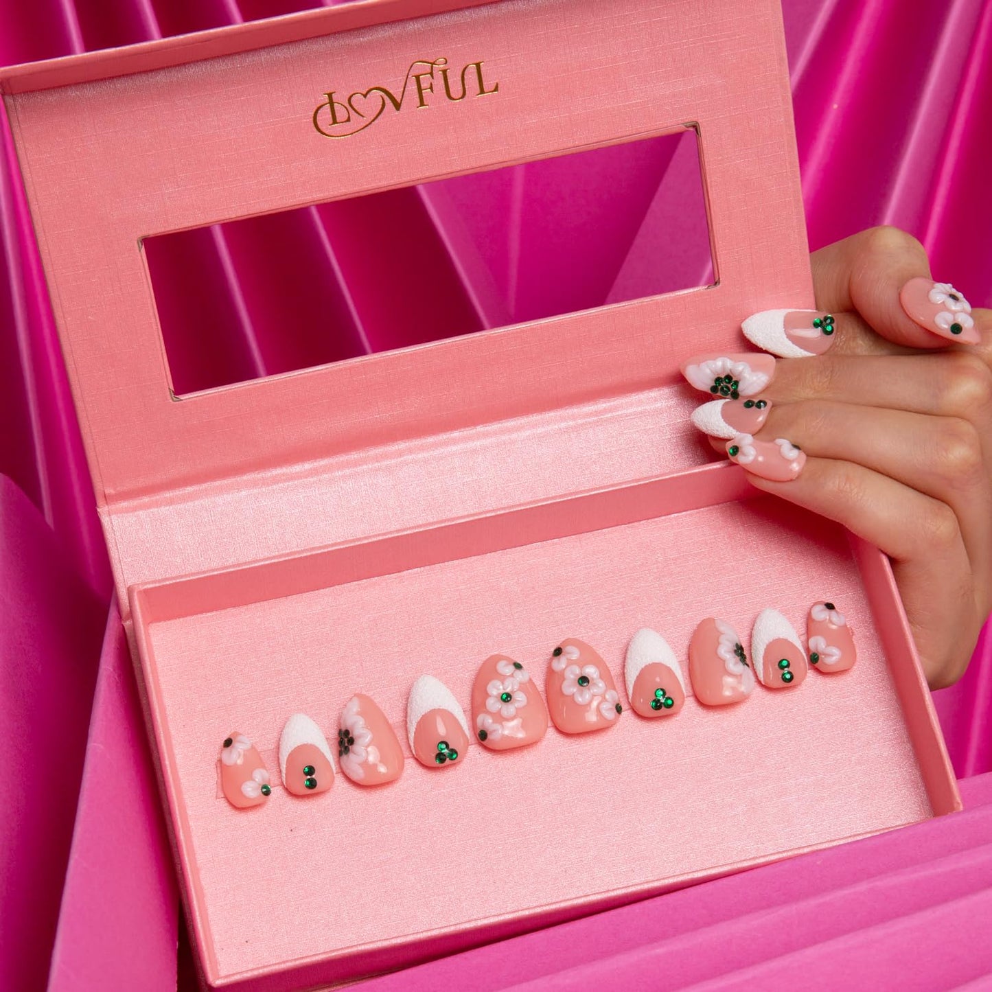 LOVFUL Press on Nails Floral French Tip | Handmade with Full Covered Crystals | Reusable Fake Nails | Almond Short 0.8 in | H70-L