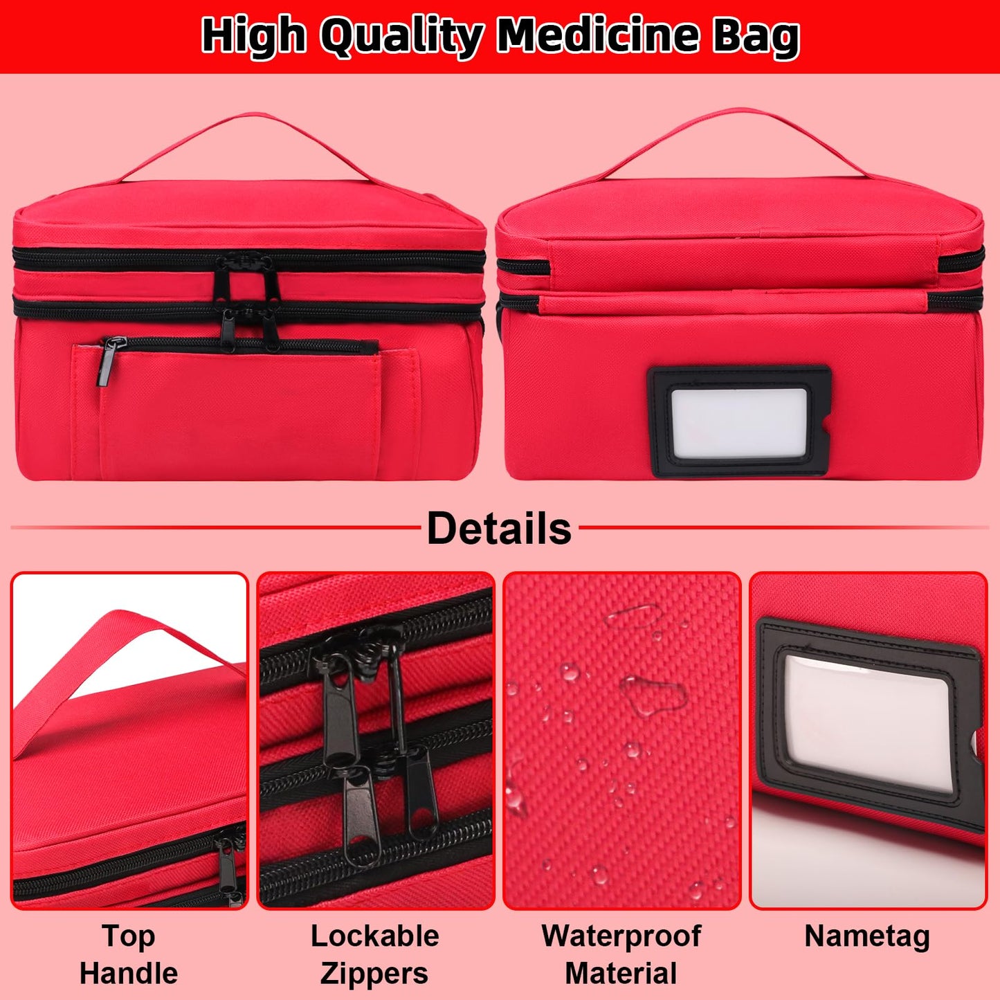 Tesuko Medicine Bag for Traveling with Portable Small Pouch, Double Layer Pill Bottle Organizer Storage Case with Lockable Zippers, Carrying Medication Travel Case with Shoulder Strap (Bag ONLY), Red