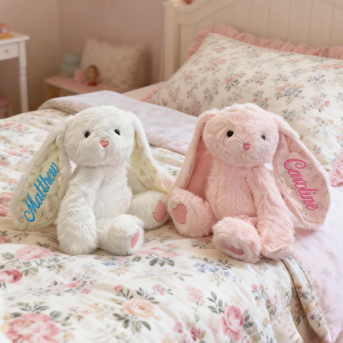Evulum Personalized Hugging Plush Bunnies Set of 2, Valentines Day Gift for Couples, Custom Bunny Stuffed Animal with Embroidered Name/Date, Easter Gift for Kids
