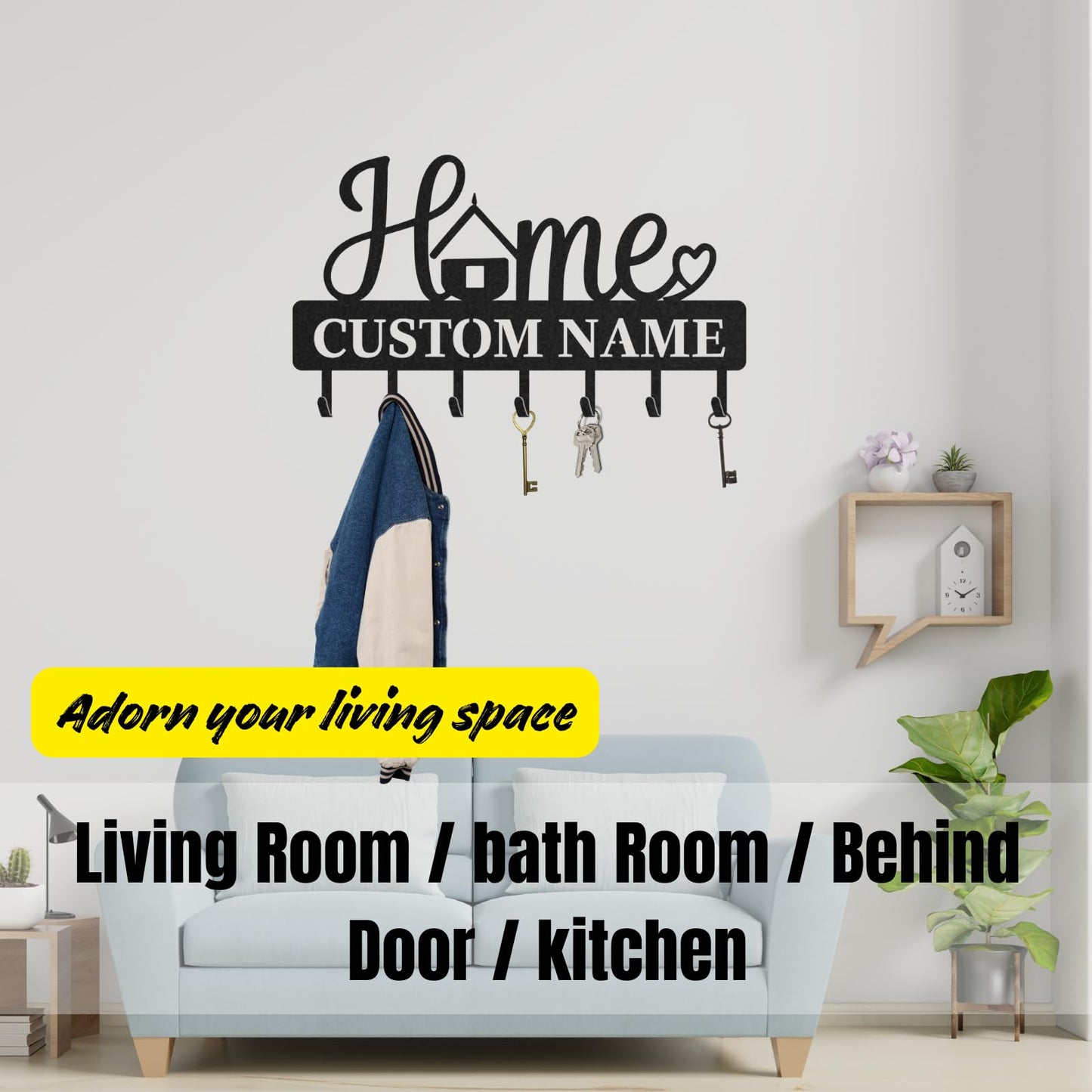 LOWACOS Personalized Key Holder Rack, Custom Home Script Key Rack & Jacket Hanger, Wall-Mount Entryway Organizer with Metal Hooks, Modern Home Décor, Great Gift for Family, Friends or New Homeowners
