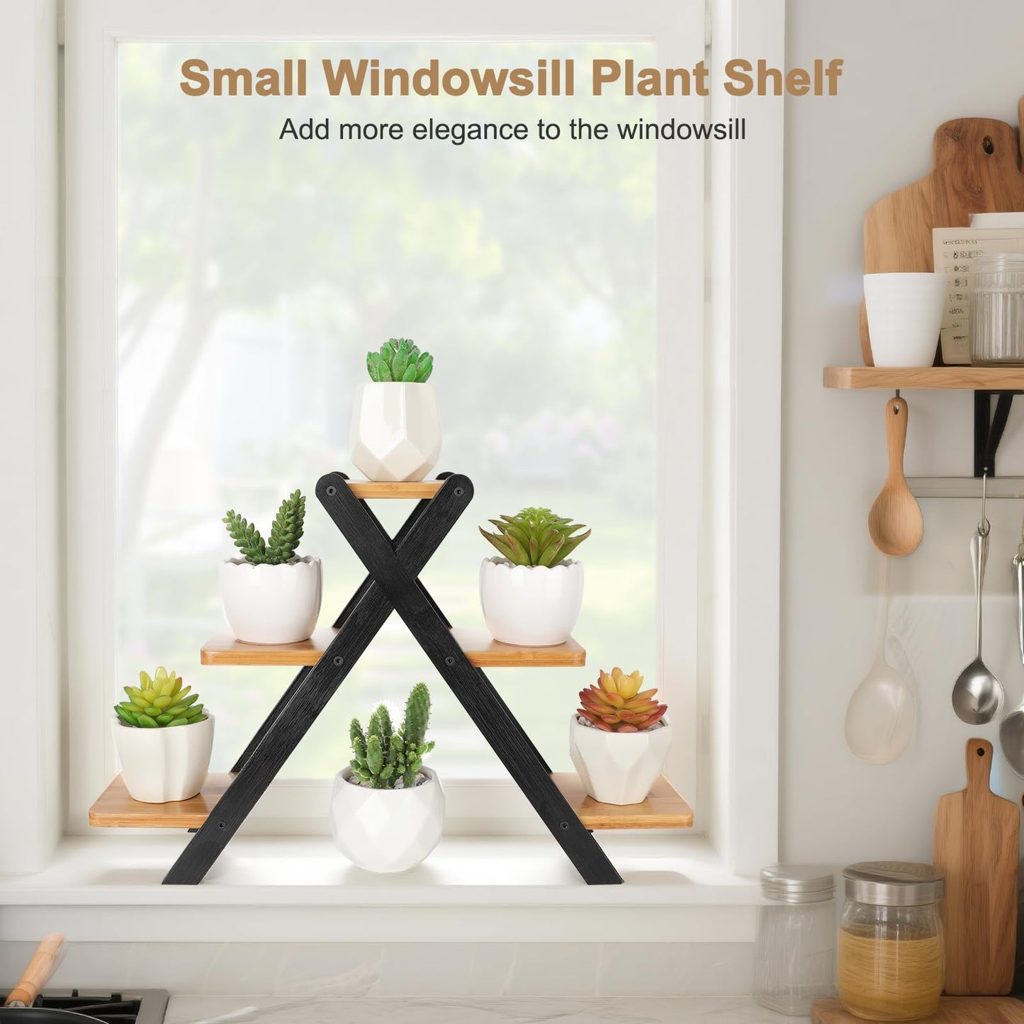 Jotsport Multi-Tier Bamboo Plant Stand for Mini Succulents Windowsill Plant Shelf Tabletop Kitchen Small Planter Pots Display Stand